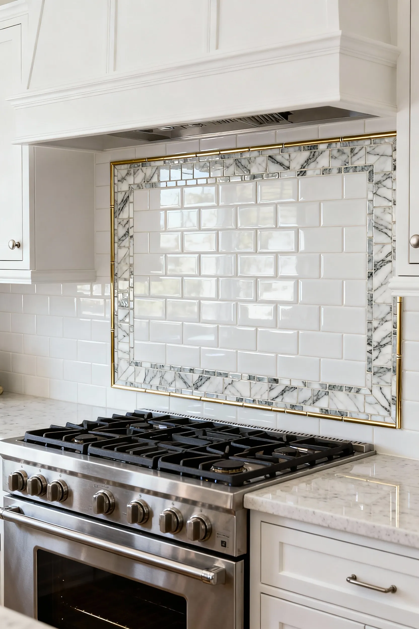 Close-up of a kitchen backsplash showing a visually framed cooking zone with an intricate border of polished marble mosaic and brass pencil liners, surrounded by white subway tiles and white shaker cabinets.