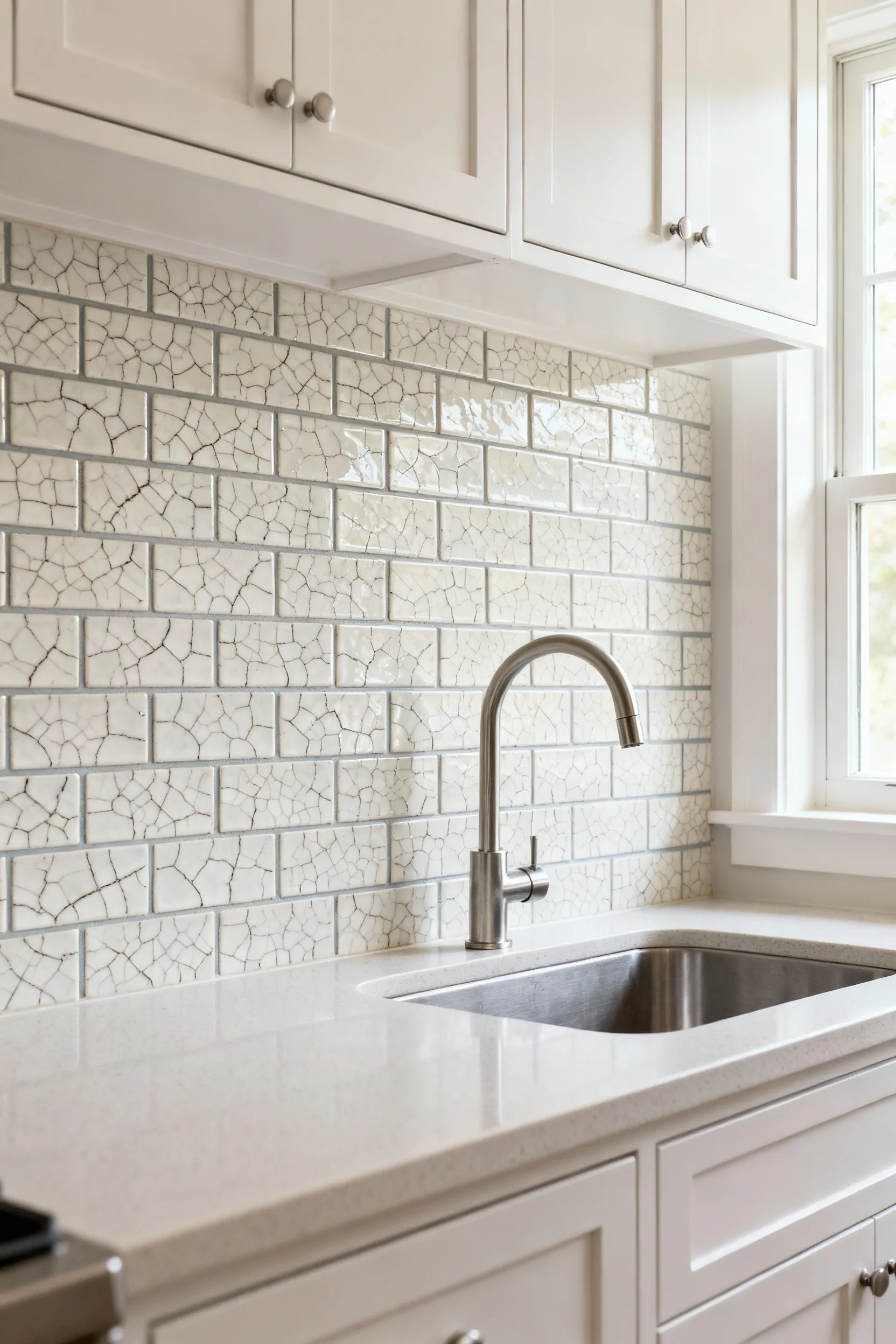 A modern white cabinet kitchen featuring a simple, crackle-glazed ceramic subway tile backsplash with light grey grout, creating understated visual interest and material depth.