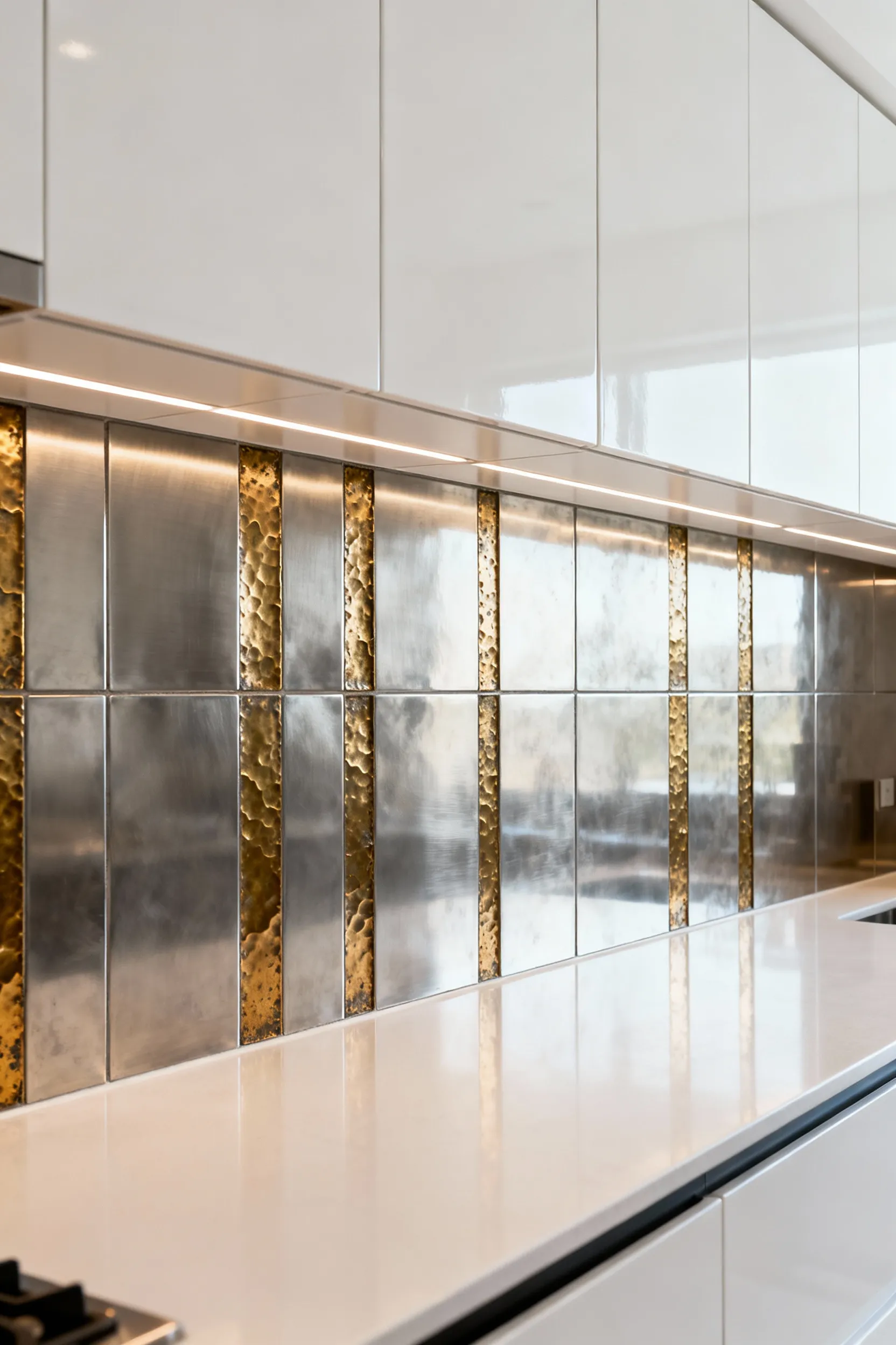 White kitchen cabinets with a mixed metal backsplash featuring brushed stainless steel and hammered brass accents, reflecting industrial elegance.