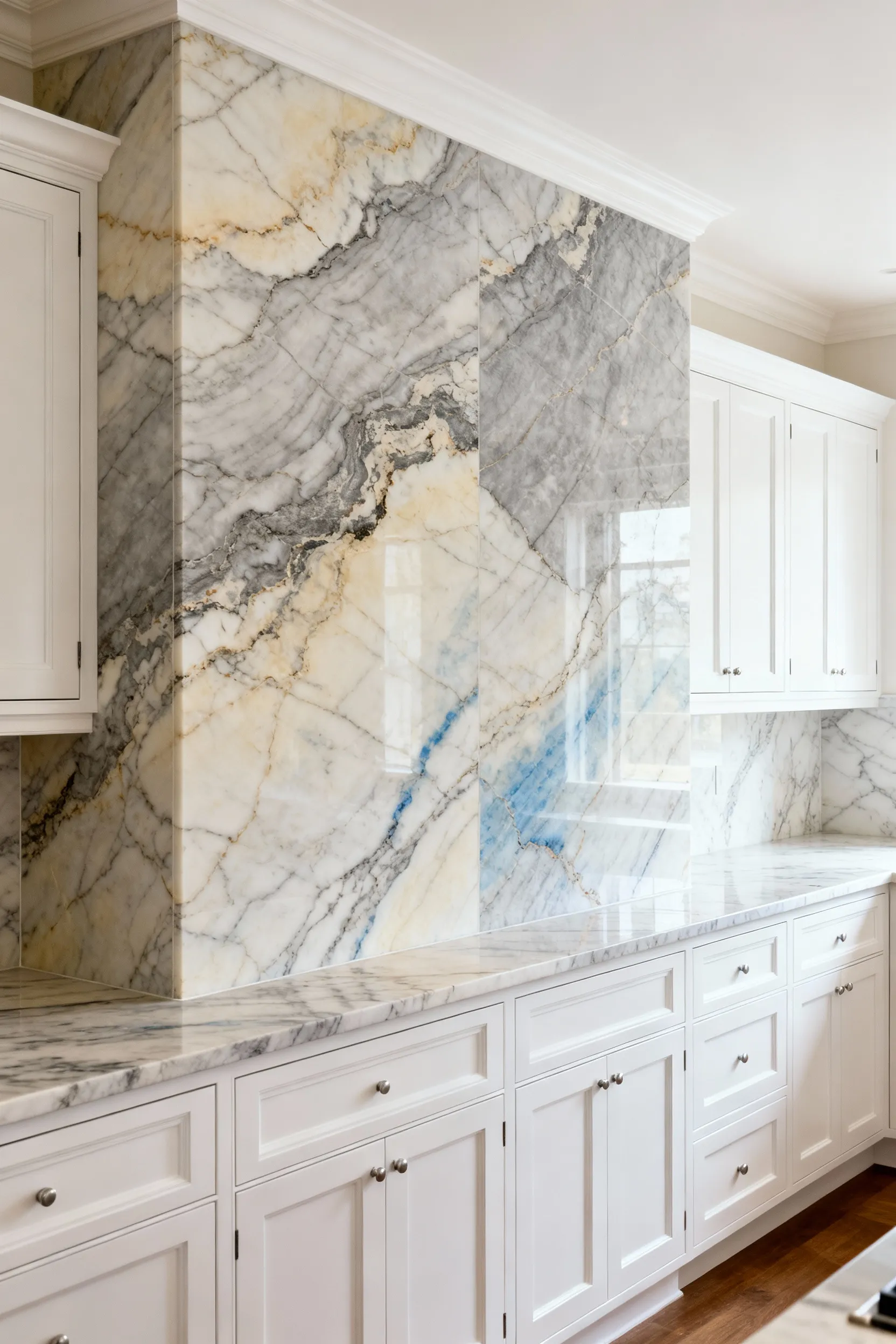 Modern kitchen with white shaker cabinets and a full-height natural stone backsplash with subtle earthy veining, showcasing elegant harmony and purity.