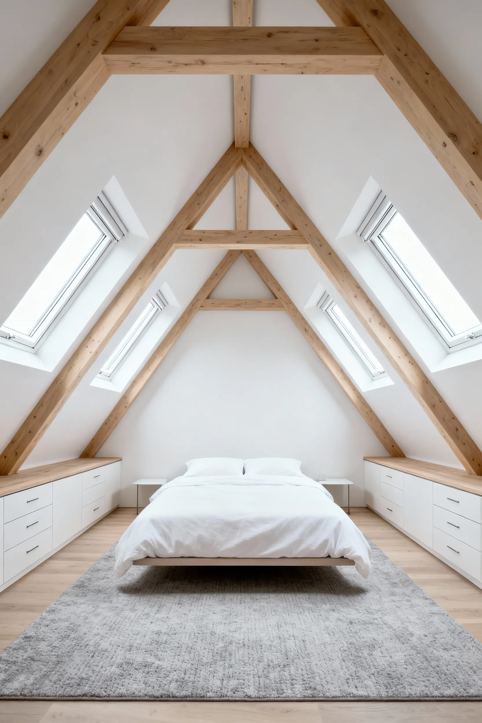 A symmetrical A-frame attic bedroom featuring a floating layout, where the queen bed is centered under the vaulted ceiling apex to maximize headroom. Low custom built-in drawers line the walls beneath the sloping rooflines.