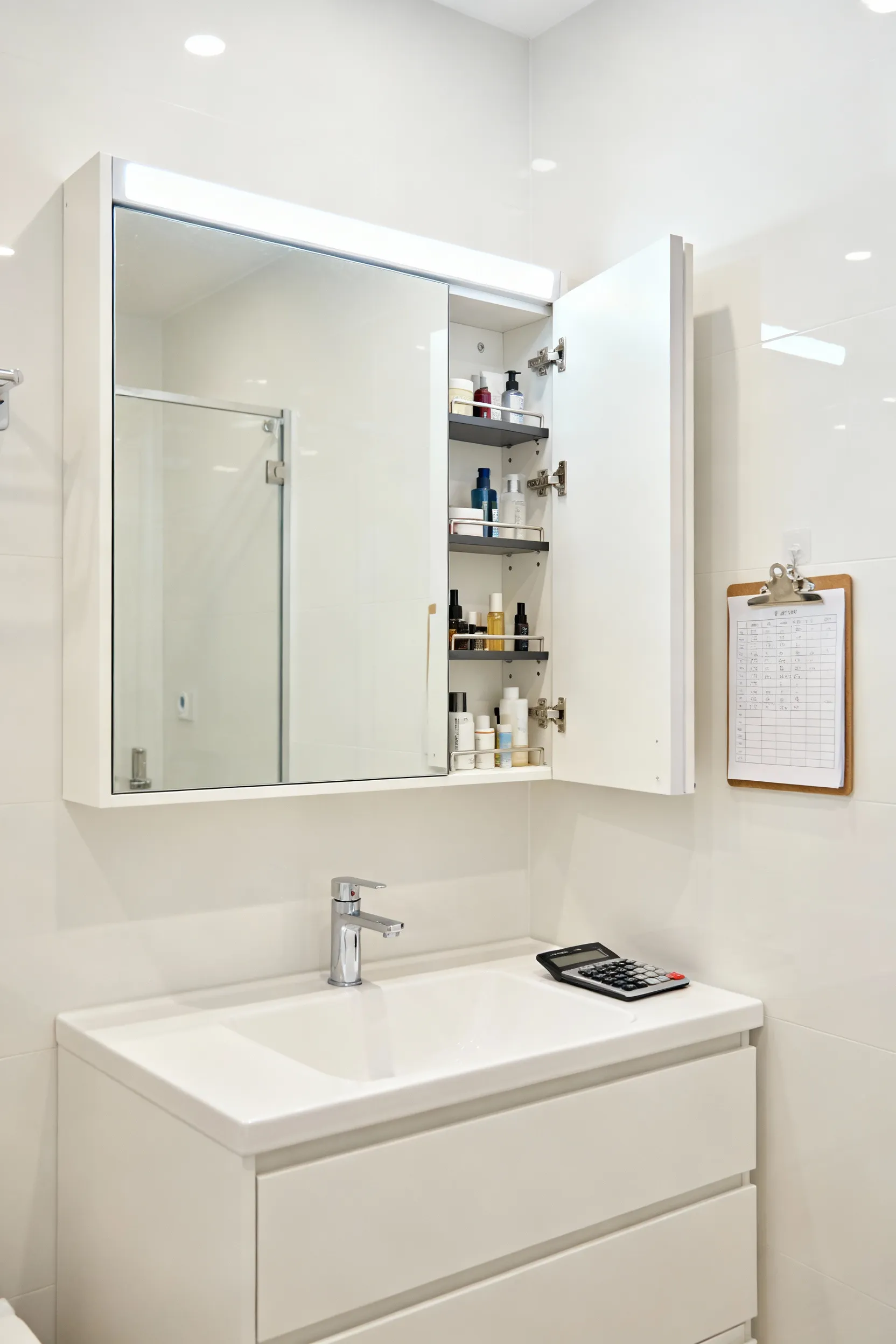 A sleek, recessed mirror cabinet in a modern small bathroom, with one door slightly open revealing adjustable shelves holding organized toiletries.