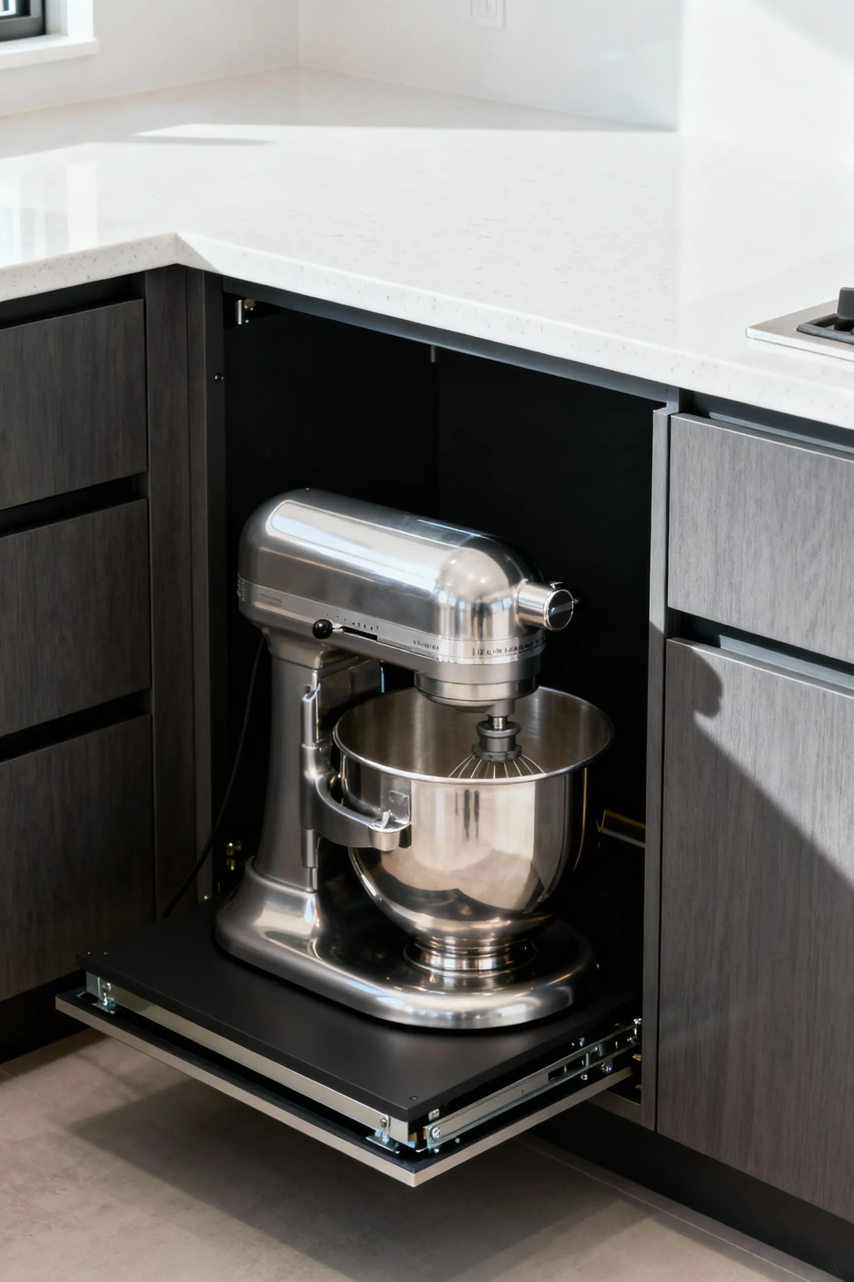 A modern kitchen showing a silver stand mixer ergonomically raised from a custom base cabinet by an appliance lift, highlighting smart kitchen storage and clear countertops.