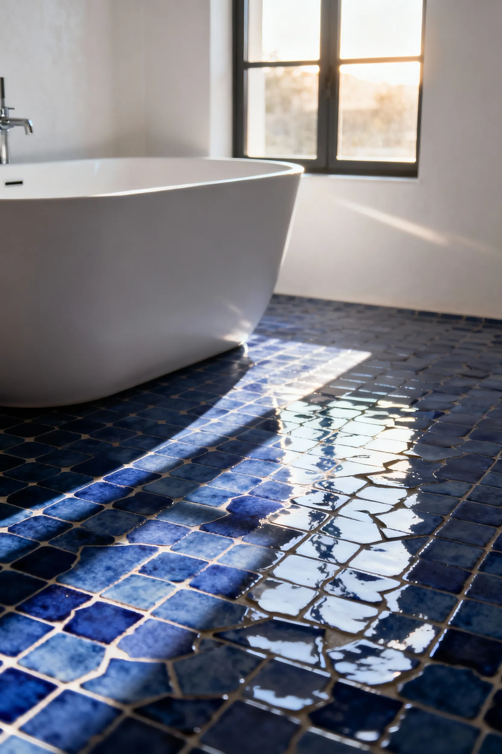Bathroom floor featuring luminous, irregularly glazed indigo blue Moroccan Zellige tiles reflecting warm natural light near a white freestanding bathtub.