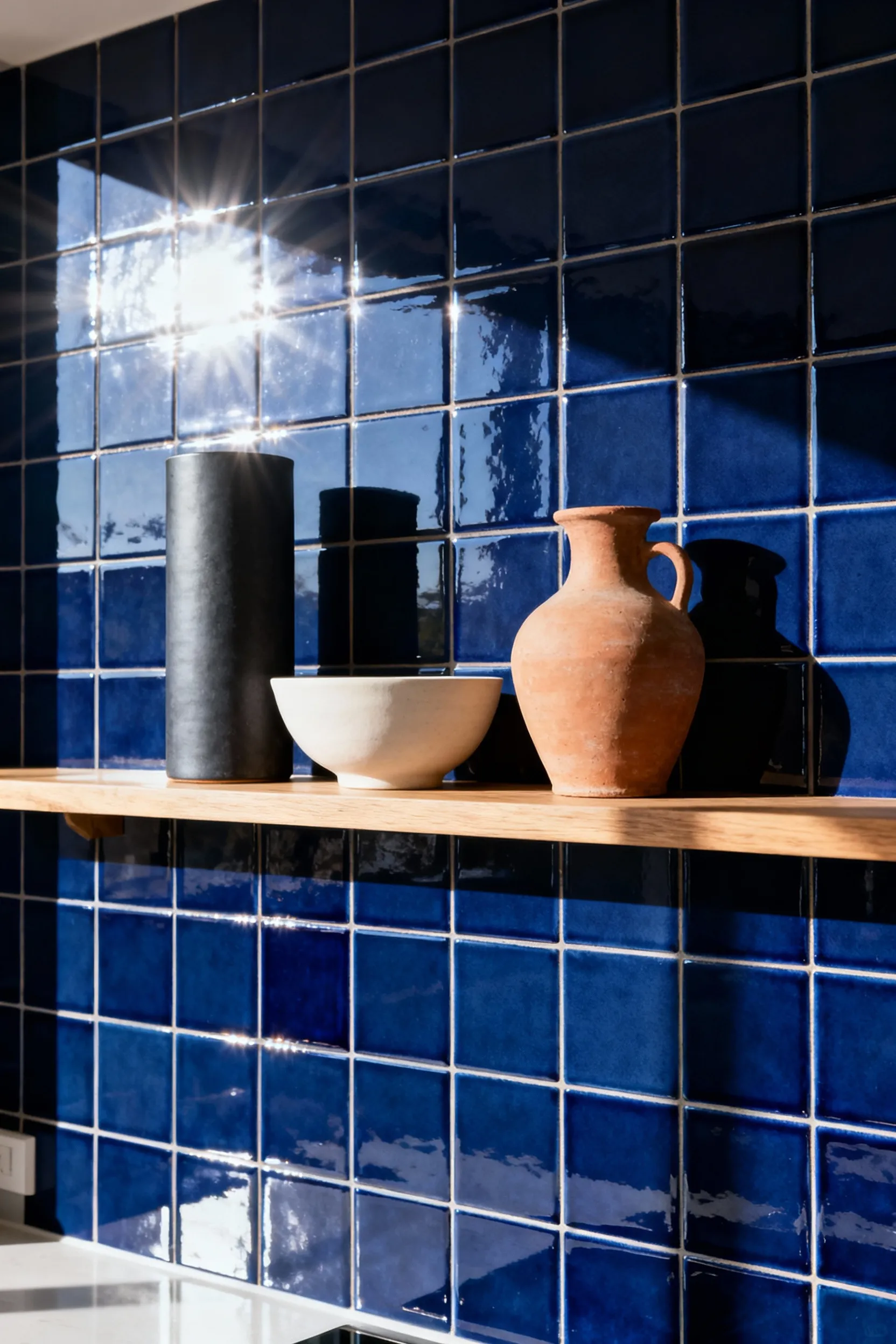 Asymmetrical grouping of matte stoneware and ceramic pottery against a deep navy blue high-gloss tiled kitchen wall, illustrating sophisticated textural contrast.