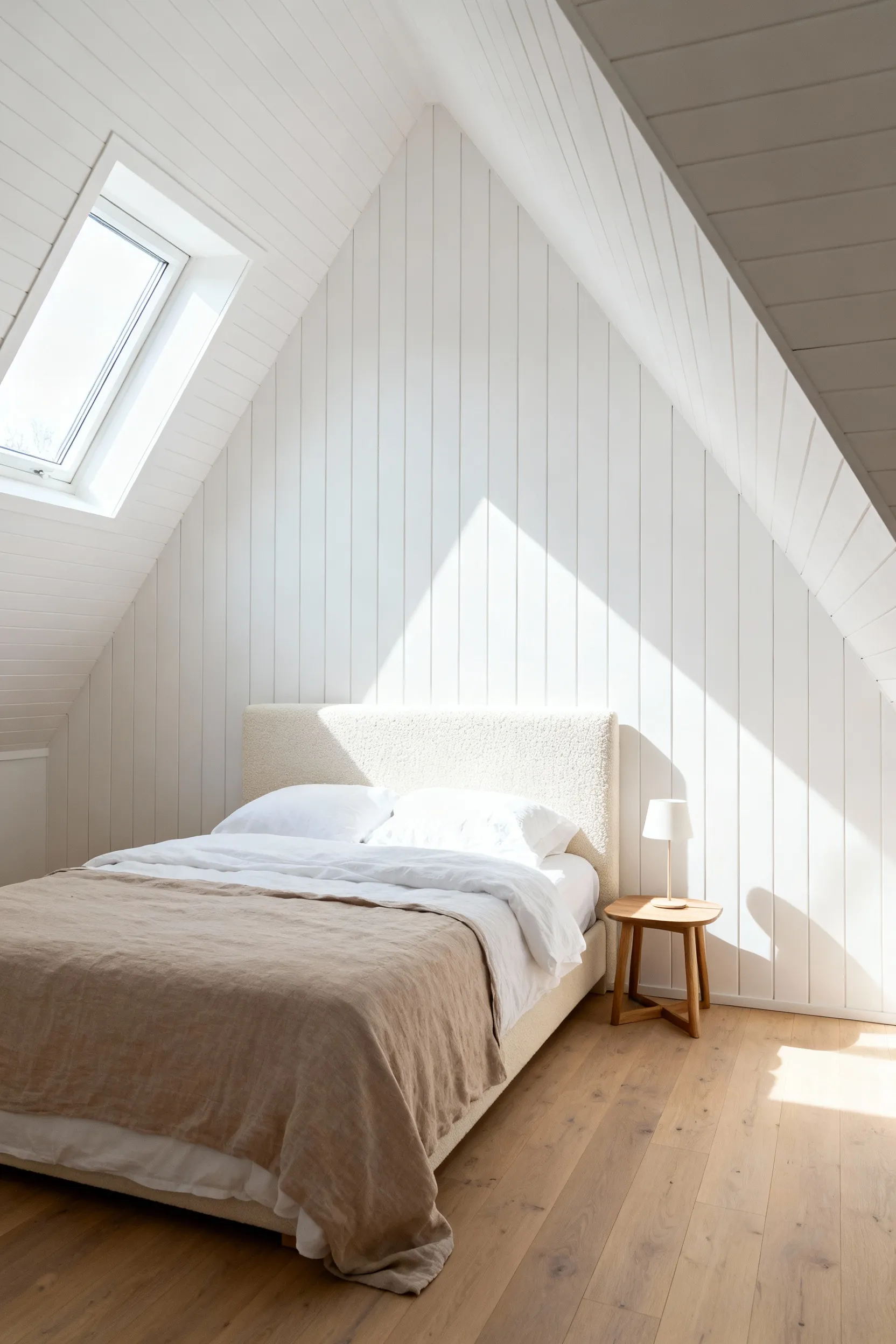 A bright, modern attic bedroom showing a queen bed positioned against the full-height gable wall to maximize headroom and open floor area under the steeply sloped roof.
