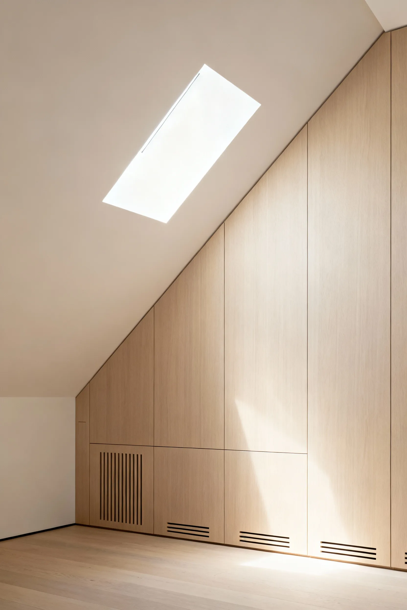 Detailed view of custom pale ash millwork built into an attic knee wall, featuring subtle vertical slot diffusers for concealed slim-duct mini-split HVAC systems, demonstrating efficient, seamless bedroom design.