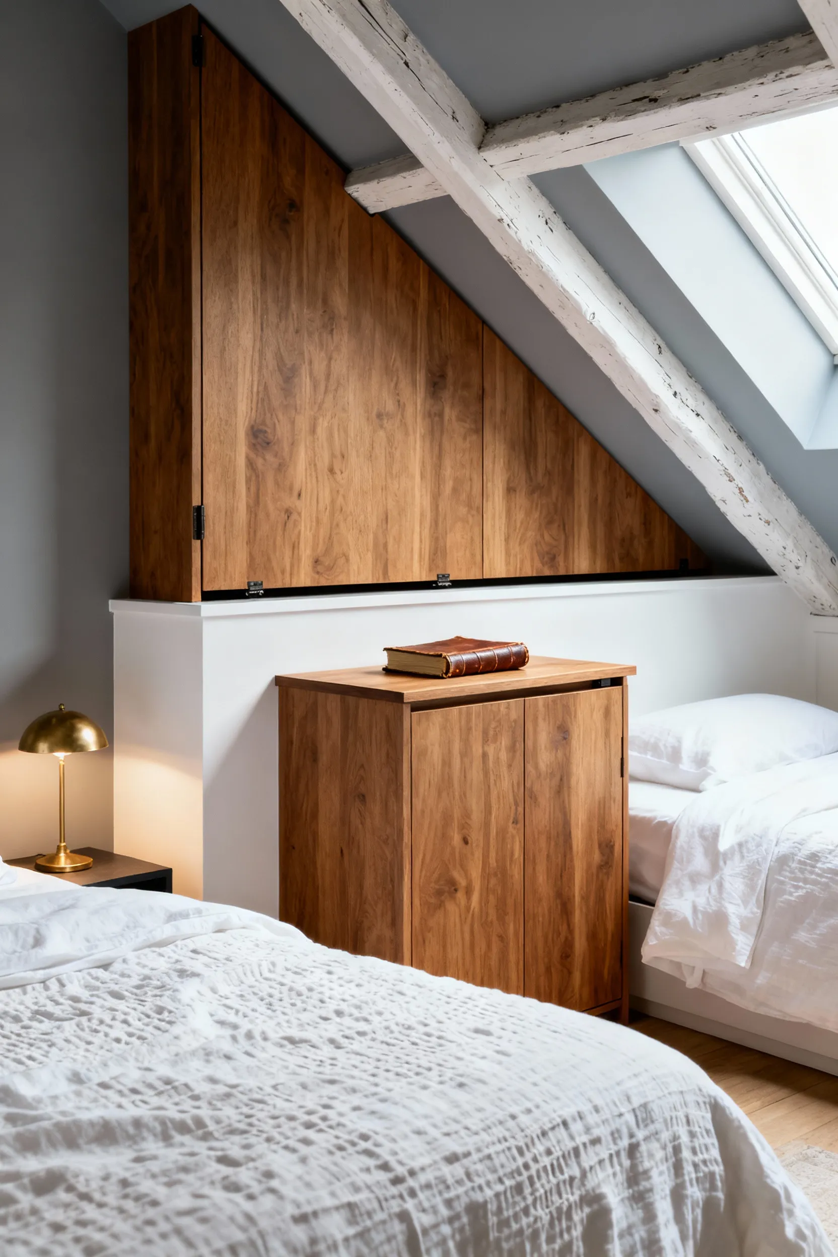 A photograph of a sophisticated attic bedroom featuring a hidden home office: a closed natural oak fold-down desk mounted against a low white knee-wall.