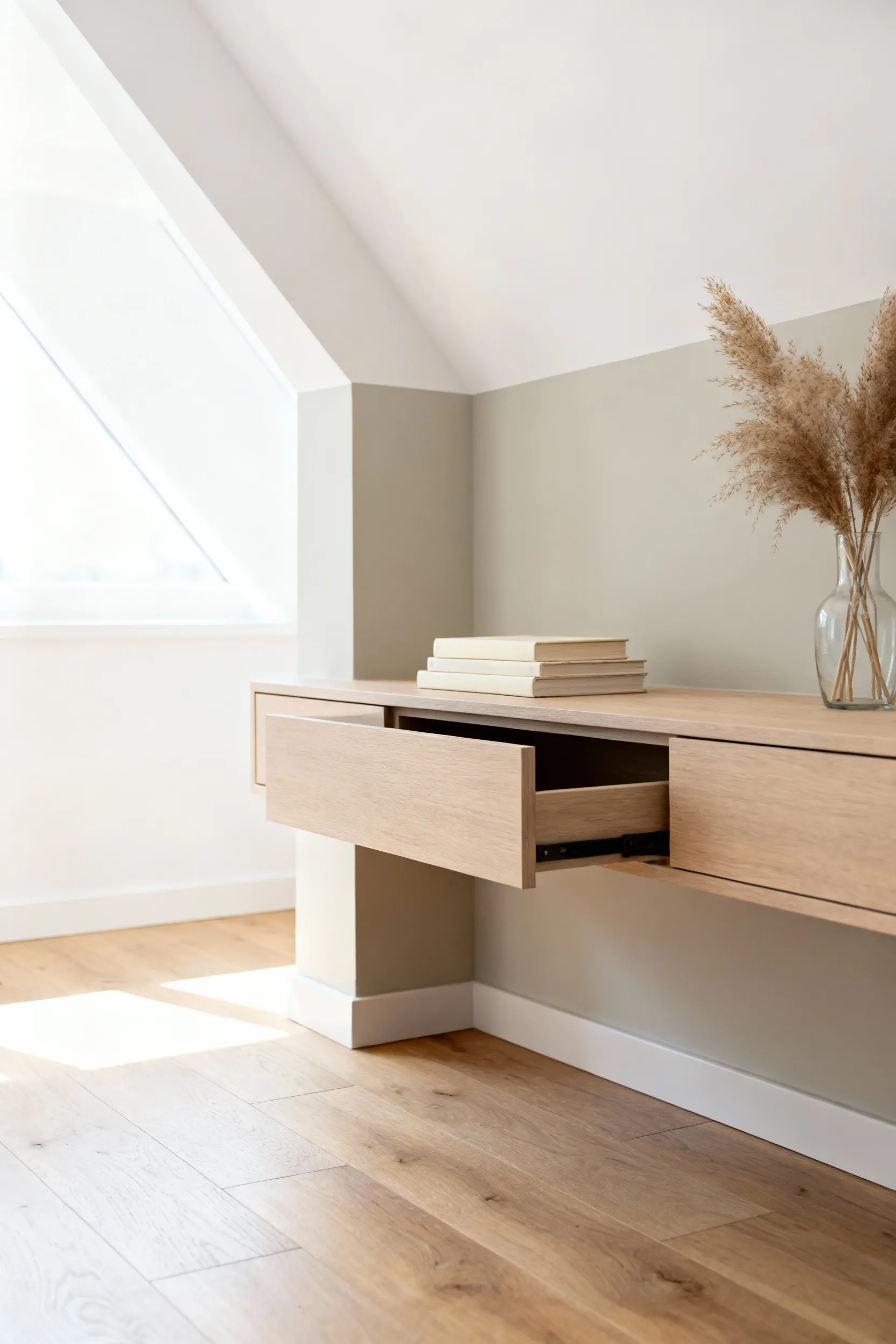 Detailed view of a bright attic bedroom showing a six-drawer oak dresser custom recessed perfectly flush into the low knee wall, maximizing floor space.