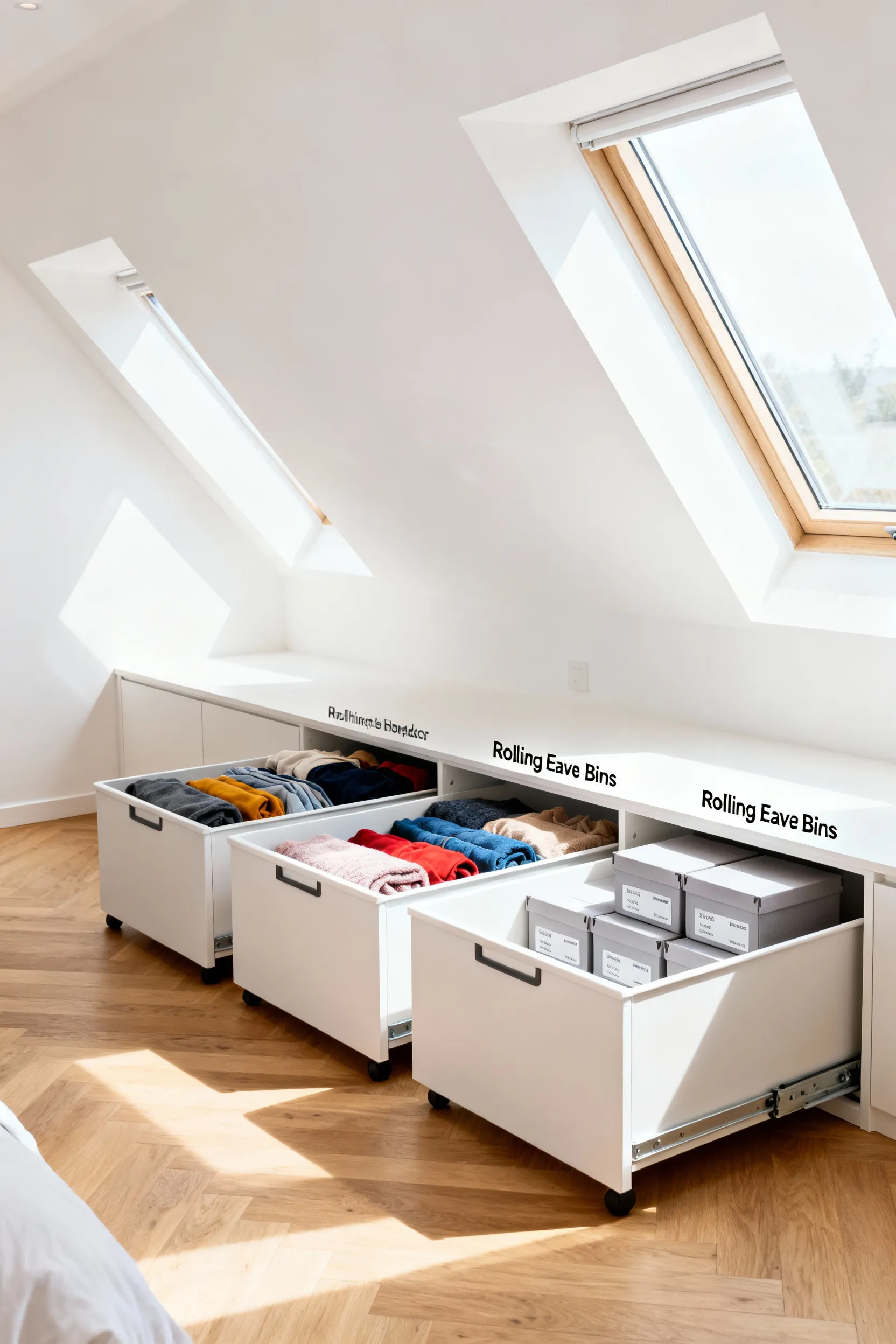 Wide-angle view of a bright attic bedroom showing deep, custom rolling eave bins fully pulled out from the knee wall beneath the sloping roofline, showcasing accessible storage solutions.