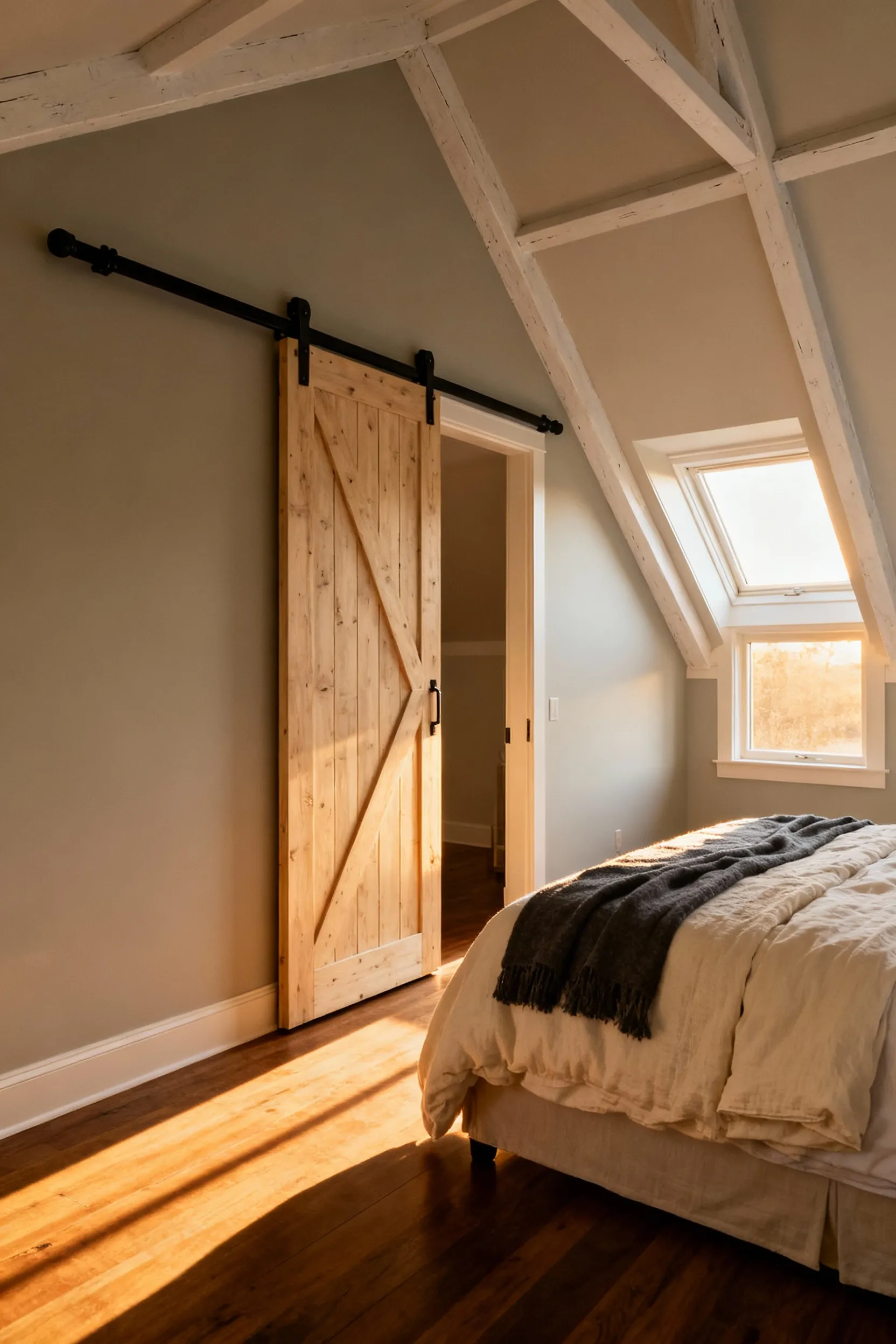 A modern rustic attic bedroom featuring a space-saving sliding reclaimed wood barn door fully open next to a large king-sized bed, illustrating maximized floor space under a sloped ceiling.
