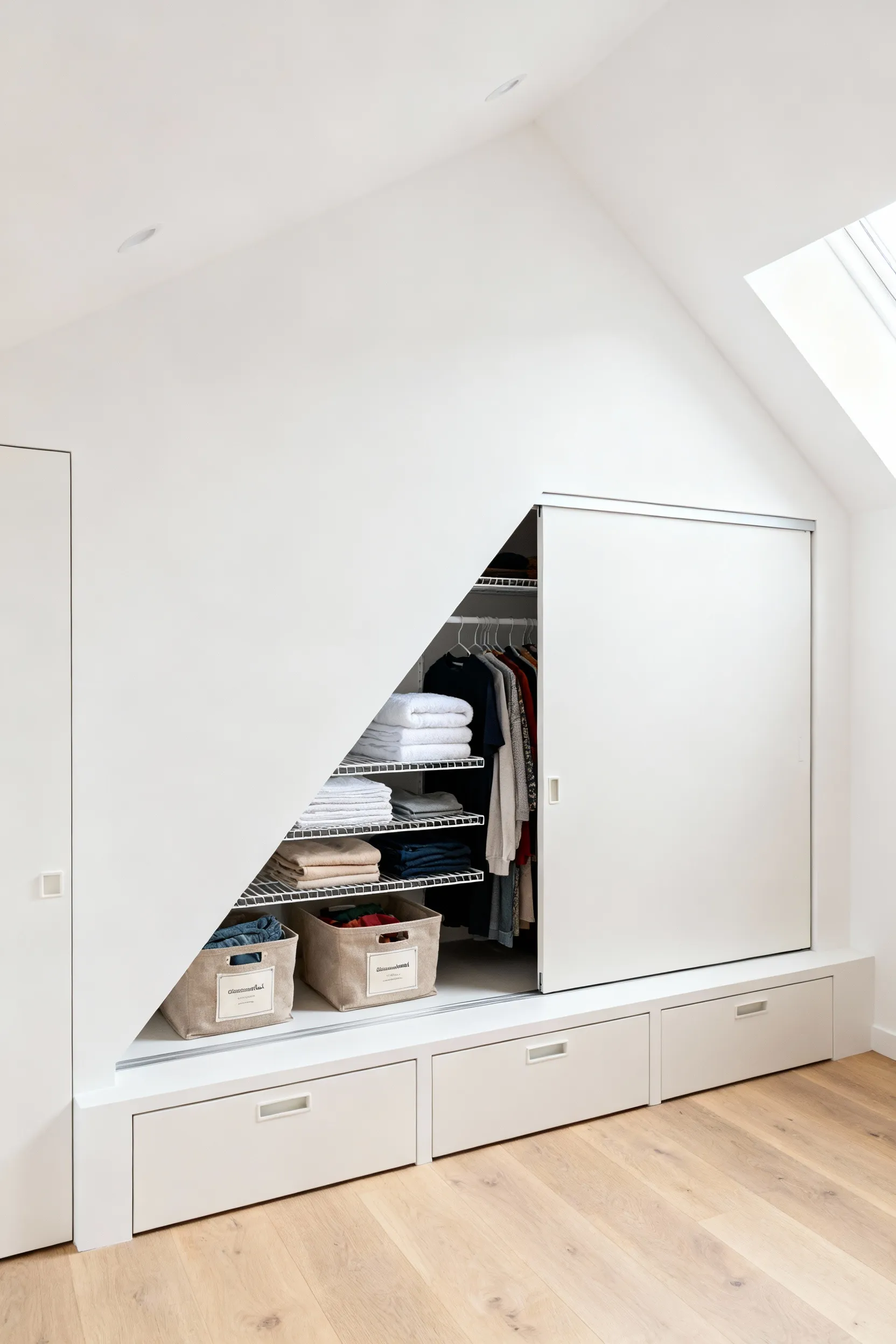 Organized attic bedroom featuring white sliding doors built into the knee wall, revealing deep, triangular storage space perfect for linens and seasonal items.