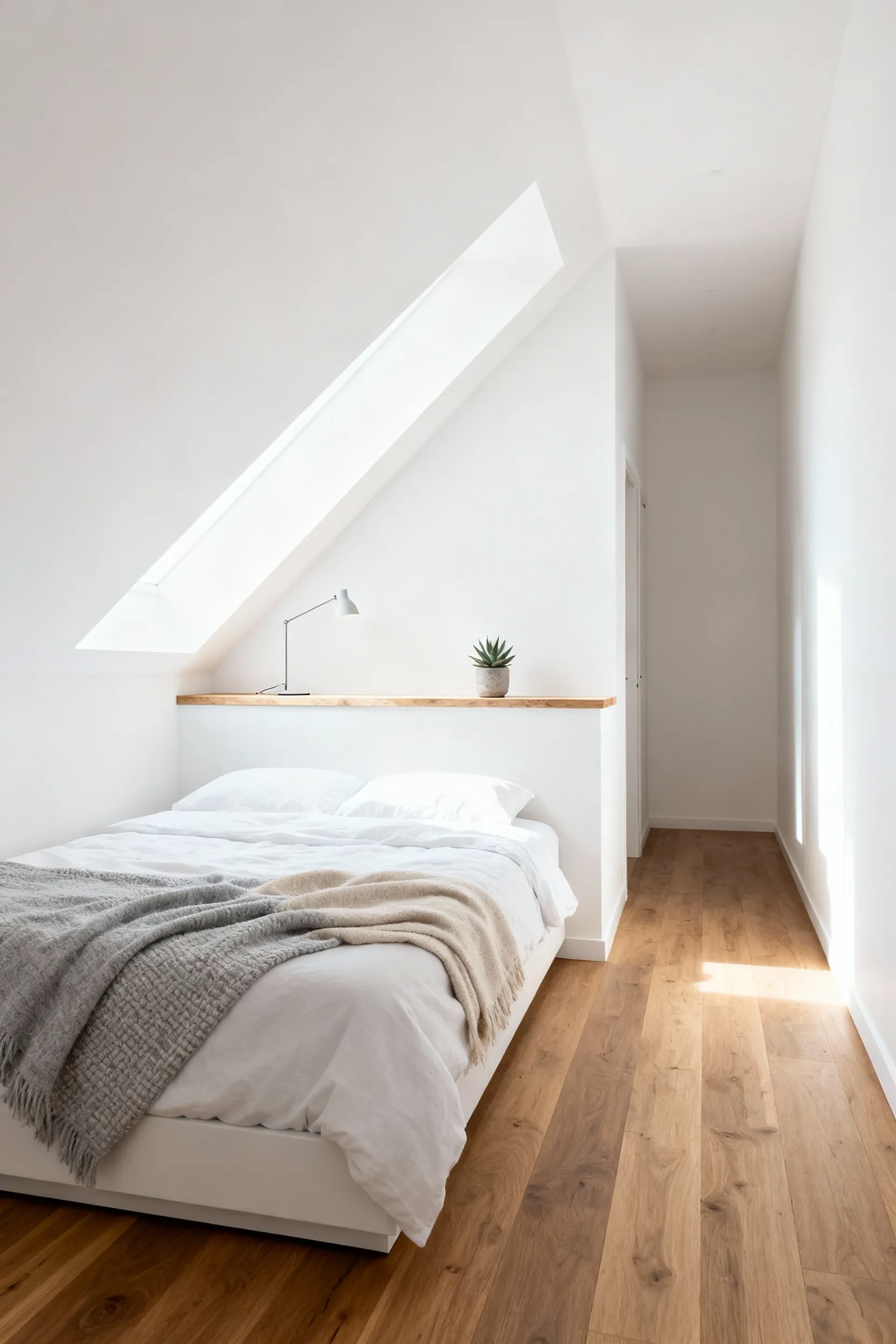 A bright attic bedroom showing a queen bed placed against a low, 48-inch knee wall, maximizing the available room volume and keeping the full-height ceiling area clear.