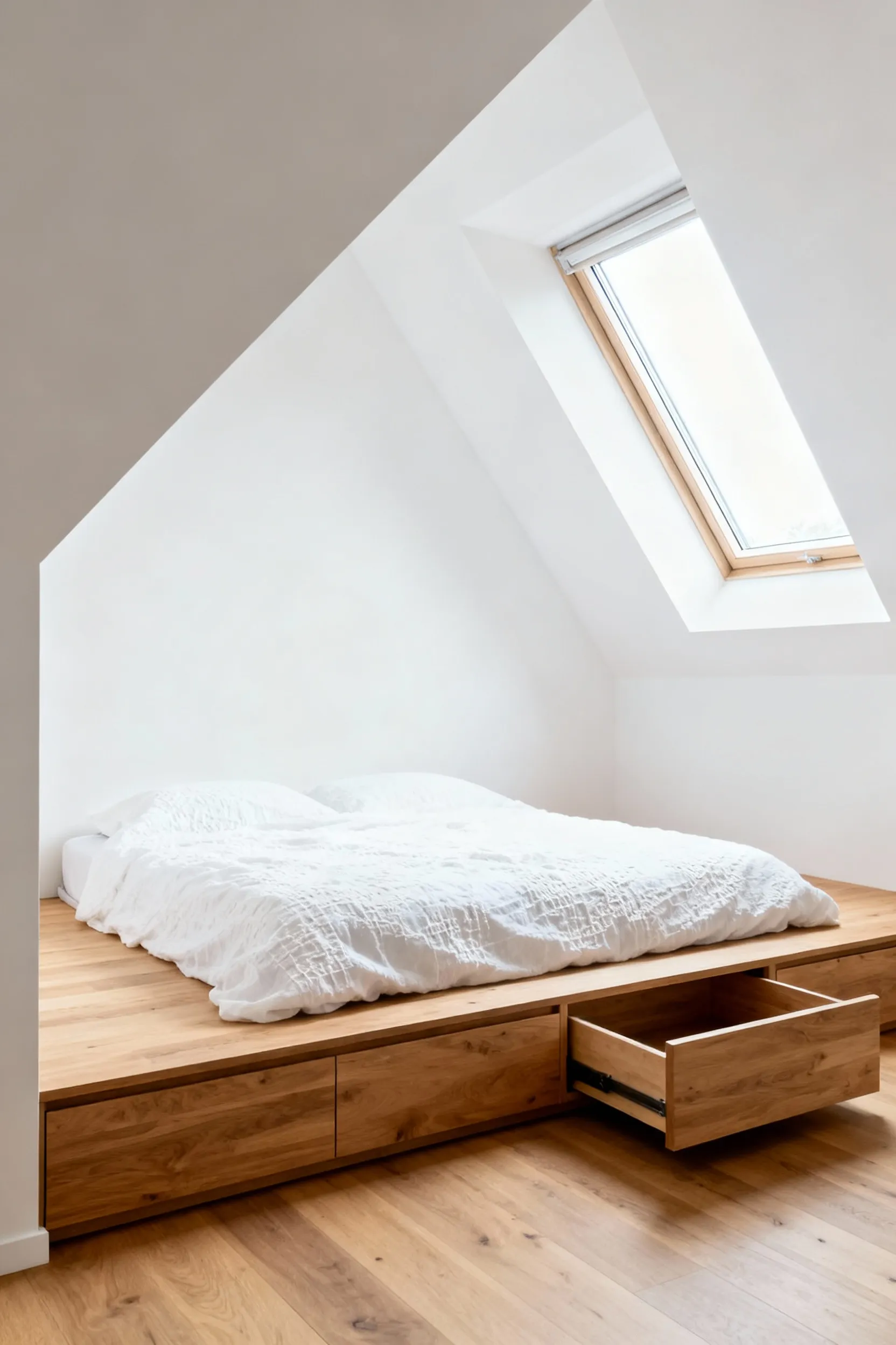 A low-profile platform bed with integrated deep storage drawers placed strategically under the sloped eaves of a bright, modern attic bedroom conversion.