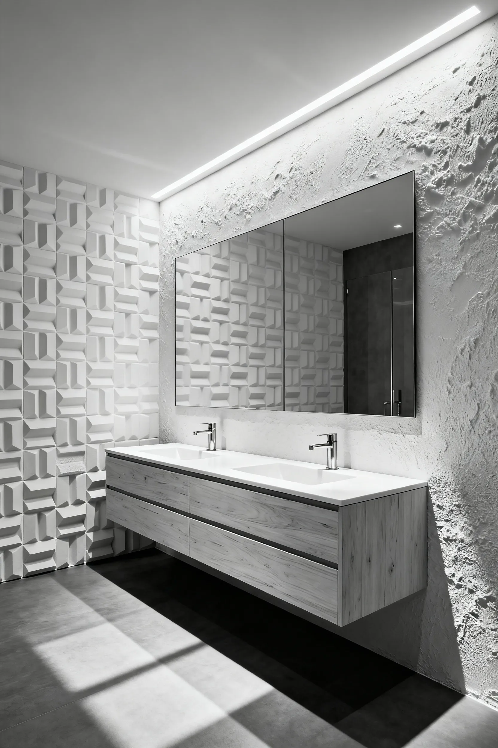 Monochromatic luxury bathroom wall clad in matte white 3D architectural relief tiles, with strong directional cove lighting emphasizing the dramatic light and shadow interplay of the texture.