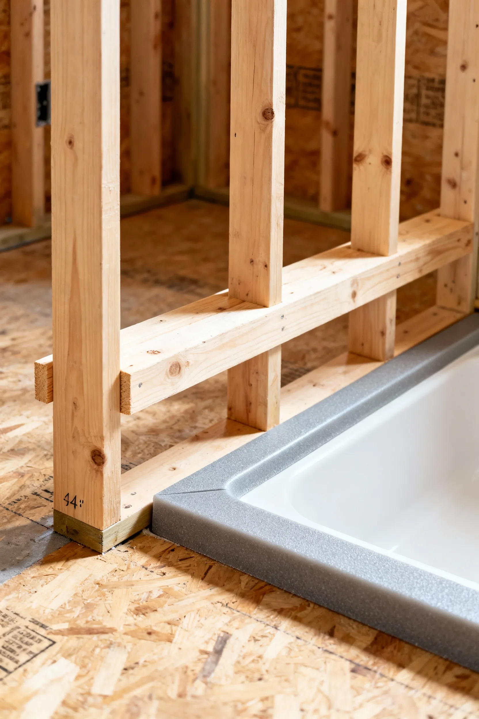 Structural wood blocking installed horizontally between wall studs in a bathroom renovation, preparing the wall for future grab bars and accessibility supports before cement board and tile are installed.