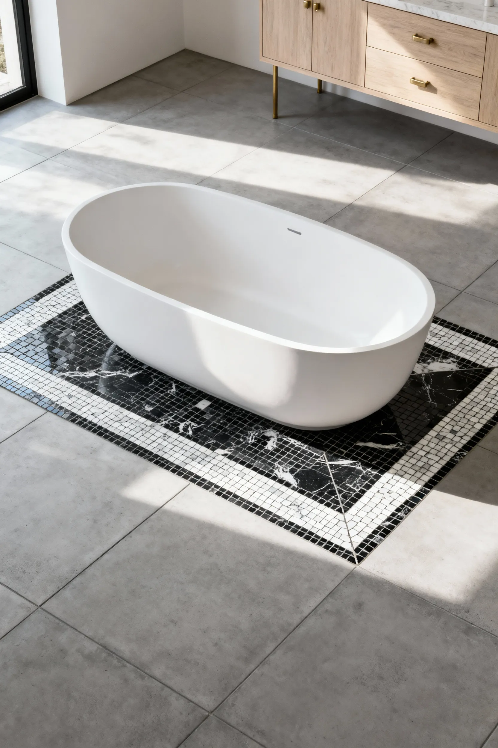 A sophisticated bathroom featuring an inlaid mosaic tile rug design defining the space beneath a white freestanding bathtub, framed by large-format gray field tiles.