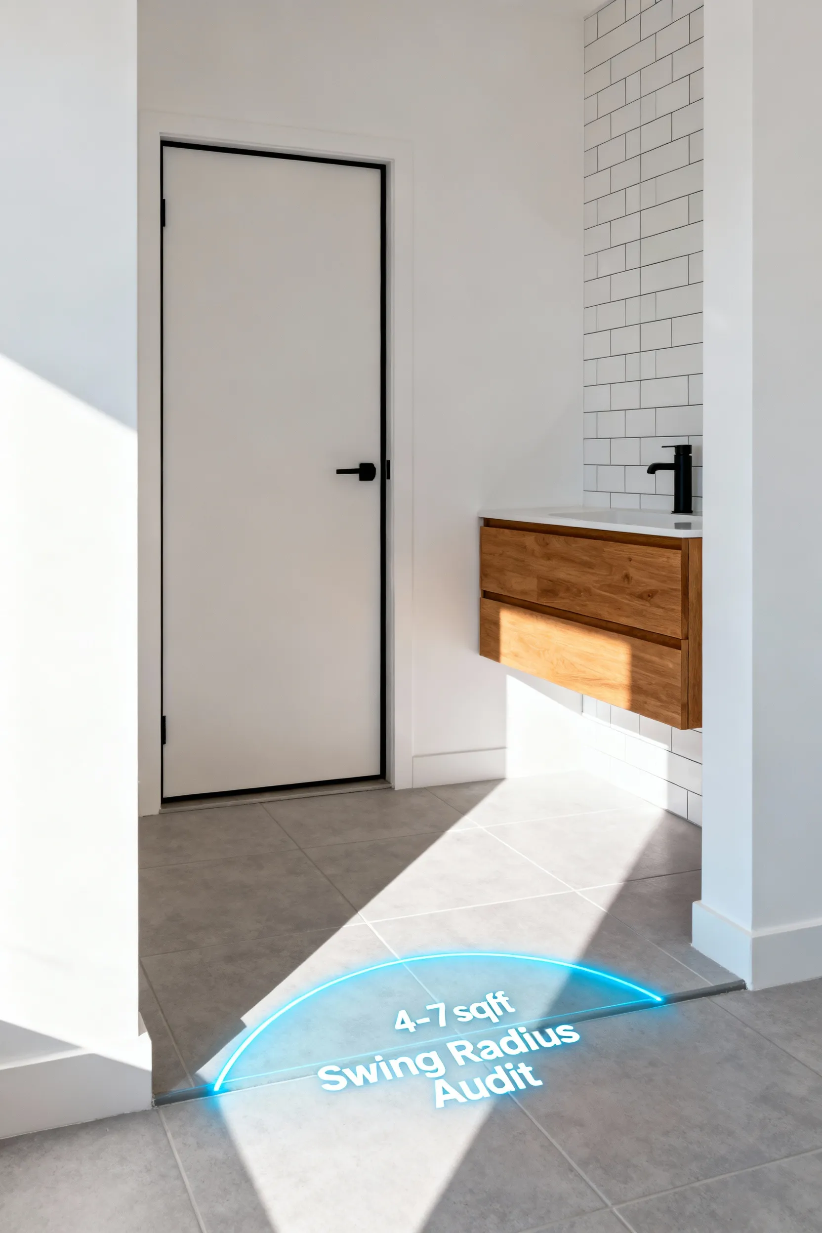 Architectural visualization showing a small bathroom entrance with a recessed pocket door. A luminous blue arc is mapped onto the floor tiles, representing the wasted floor space required by a traditional door's swing radius.