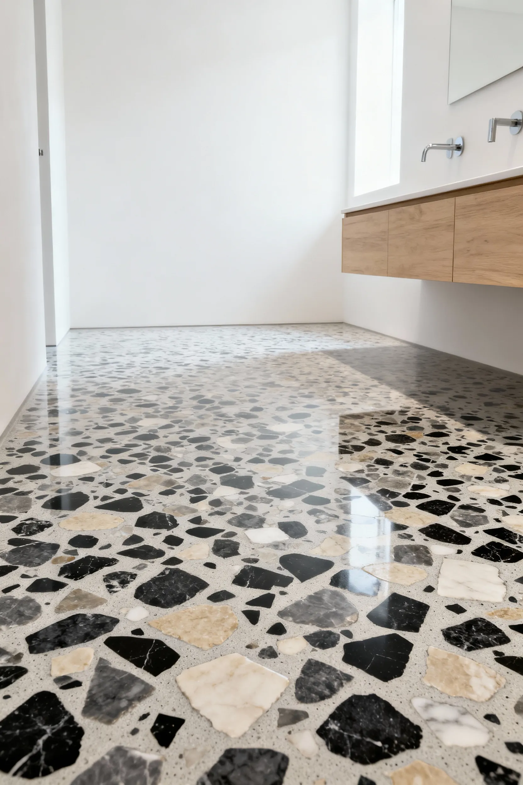 A photograph of a minimalist modern bathroom featuring a striking large-aggregate Palladiana style terrazzo floor with black, gray, and white marble chips, contrasted with clean white walls and a floating light wood vanity.