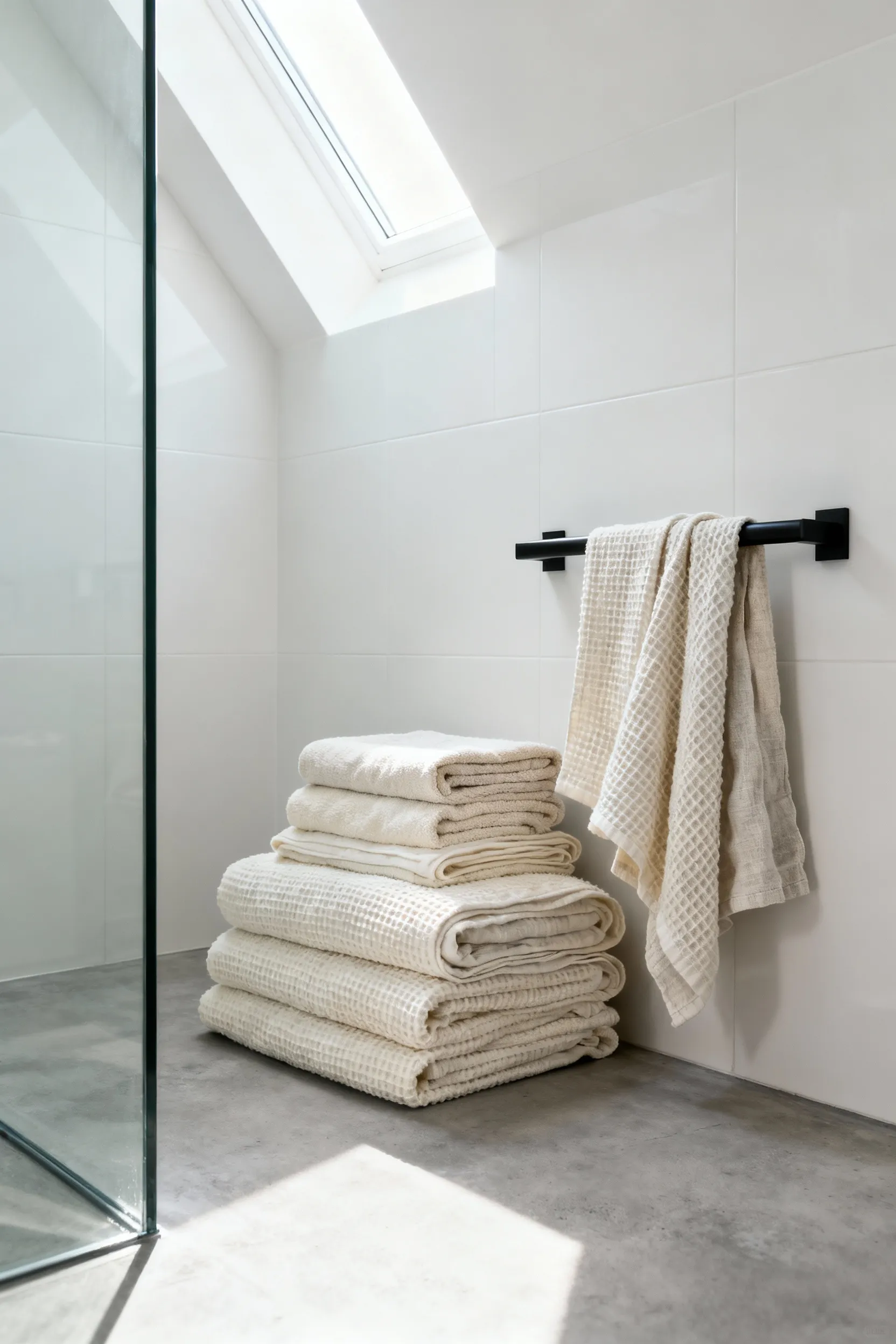 A modern, minimalist bathroom interior showing the contrast between hard surfaces like polished concrete and glass, and layered, soft organic cotton waffle-weave towels and linen fabrics draped on a shelf.