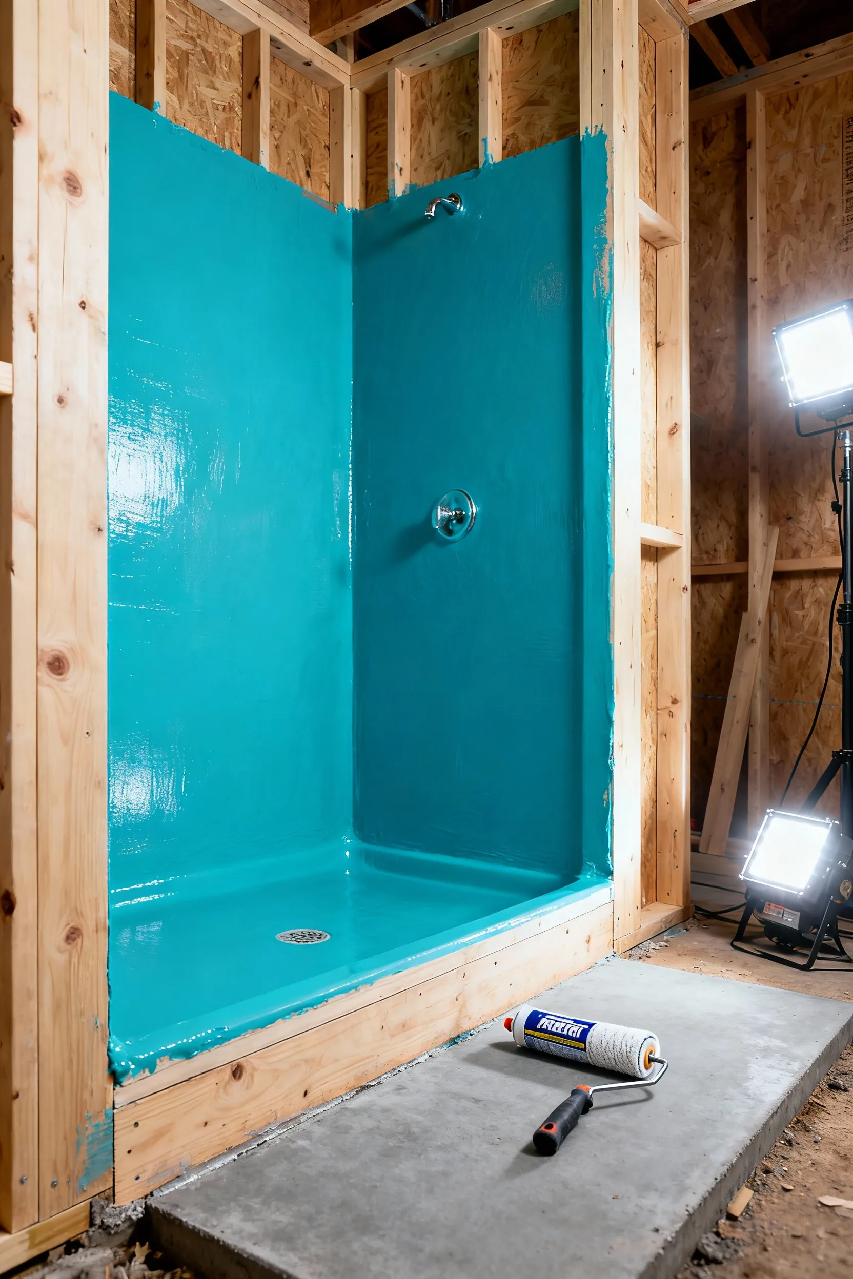 Detailed view of a newly waterproofed bathroom shower alcove. Bright blue synthetic membrane sealant is applied over the walls to protect the wood framing from moisture and future rot.