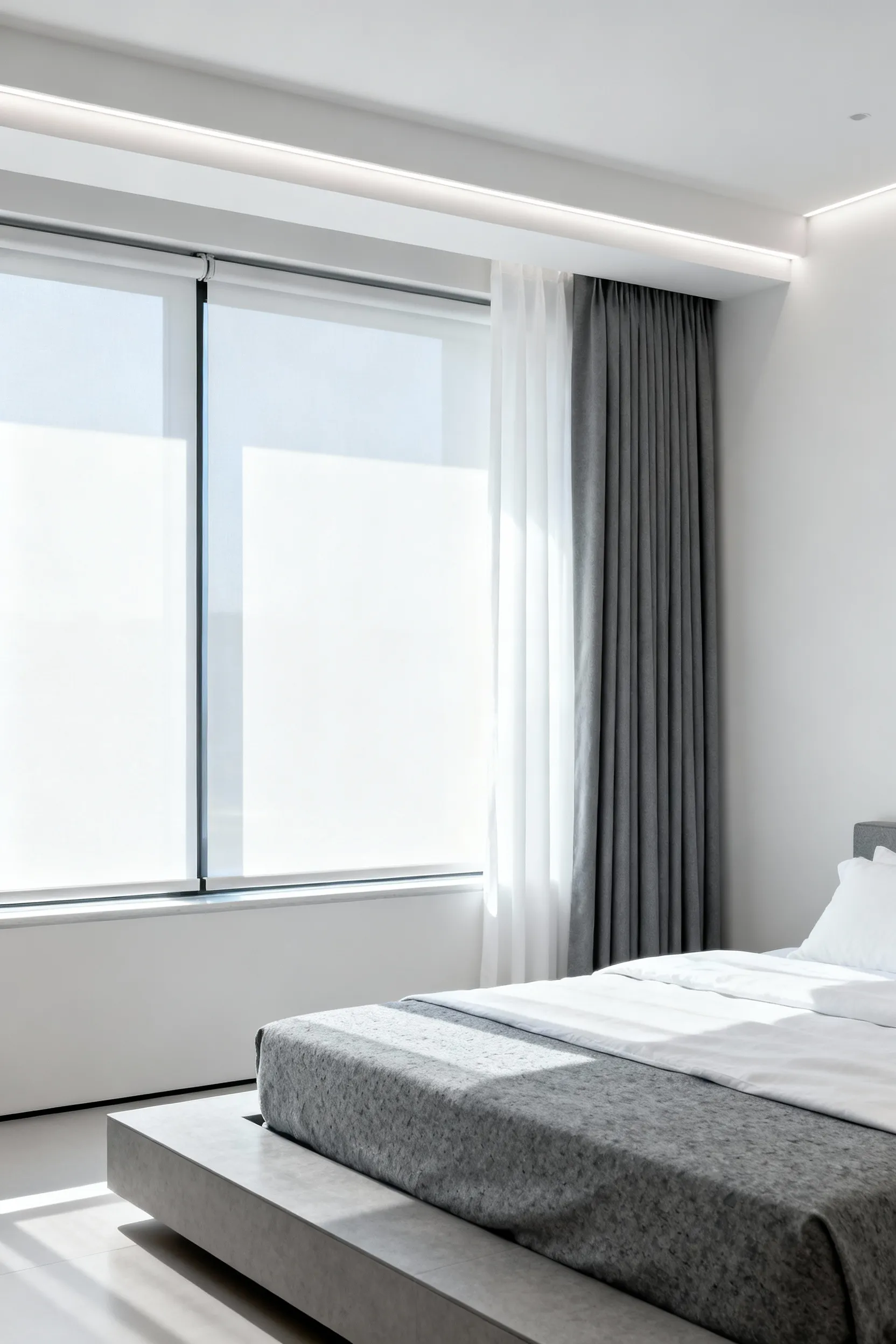 A modern bedroom showing high-intensity, diffused natural light filtering through sheer dual-layer window treatments, integrated with subtle cool-toned architectural artificial lighting fixtures.