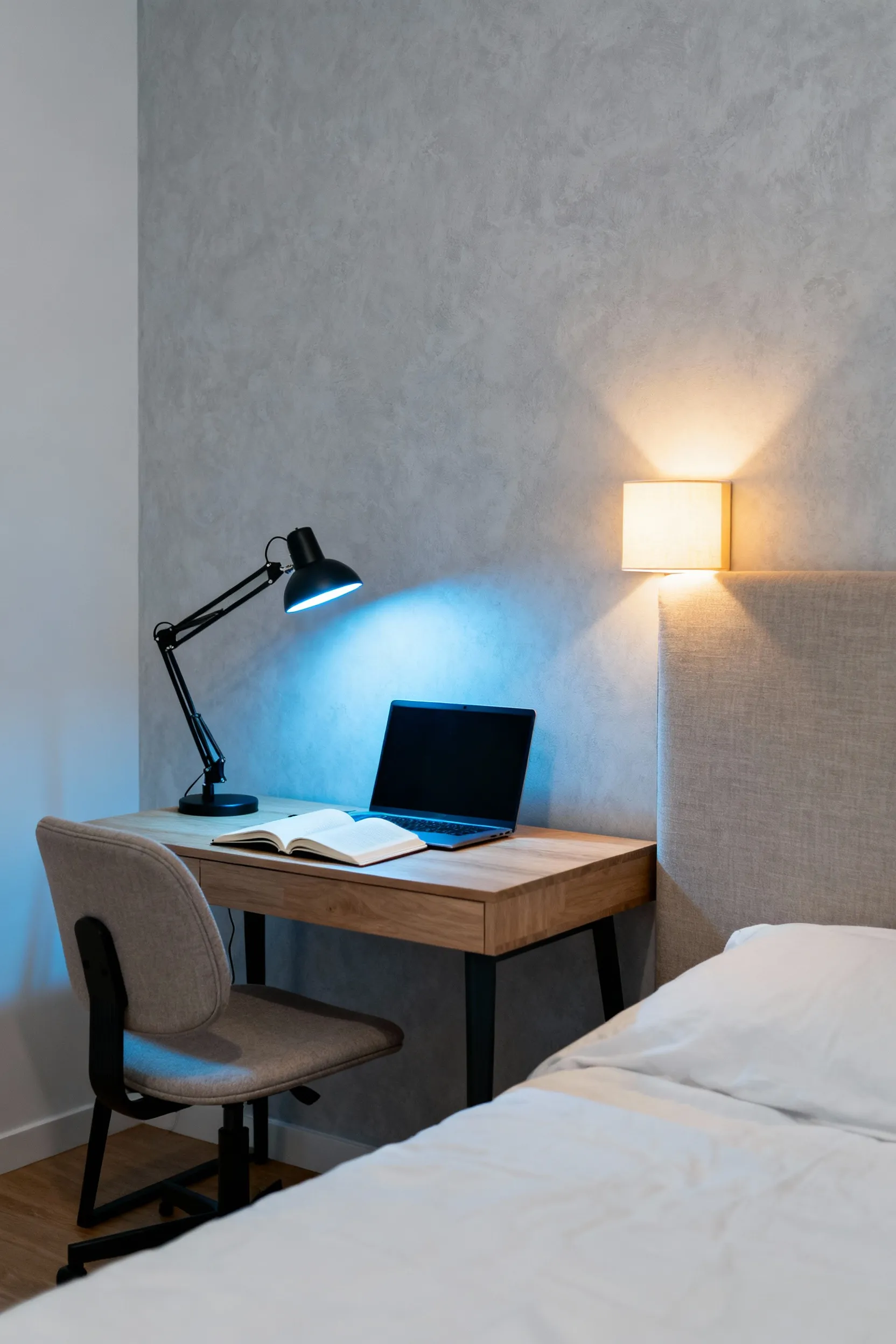A modern bedroom work nook featuring a wooden desk brightly lit by a cool, blue-rich LED task lamp, demonstrating dynamic lighting control between alertness and relaxation.