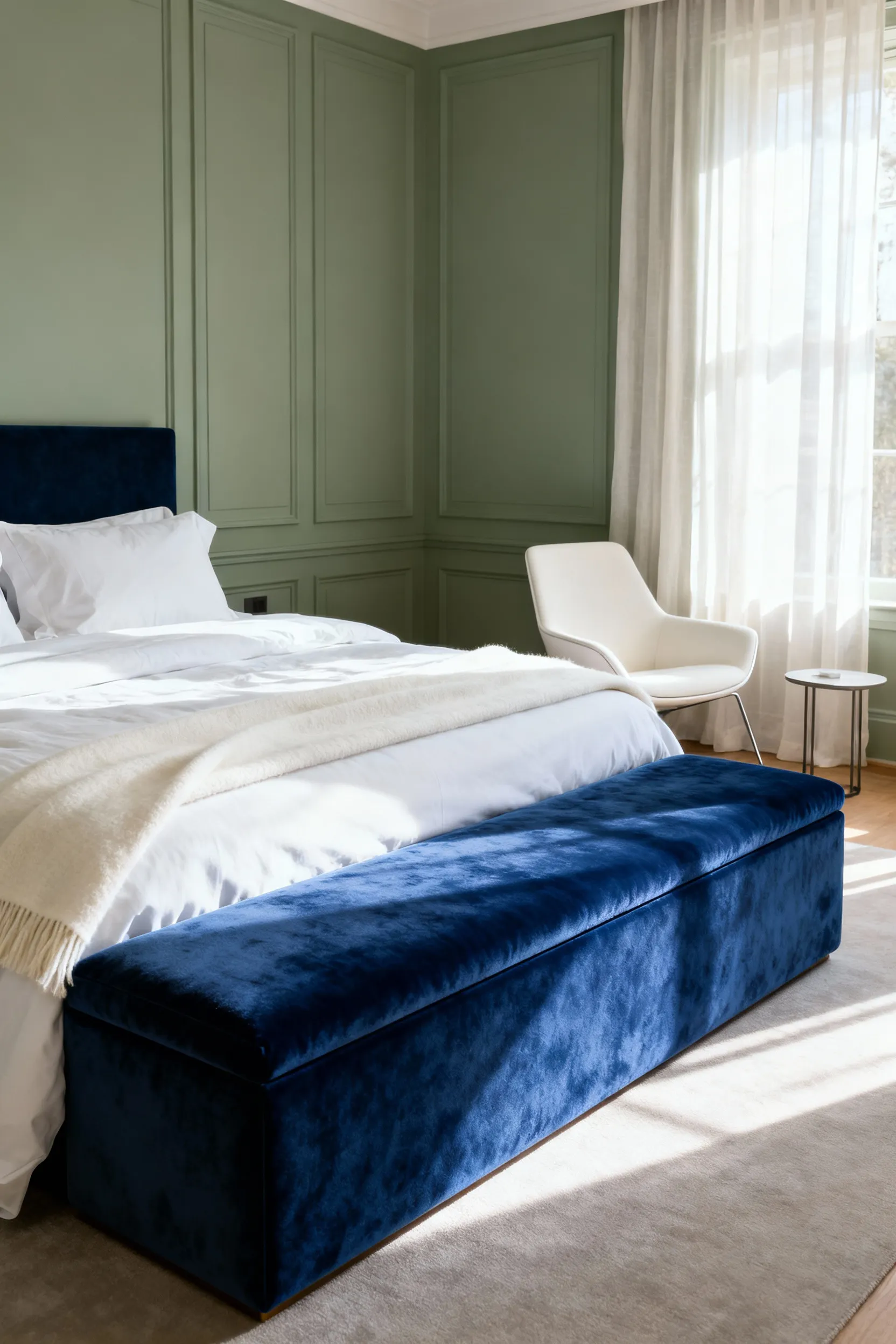 An expansive, professionally styled master bedroom featuring a wide, upholstered sapphire velvet bench positioned at the foot of a king-sized bed, demonstrating proper architectural scaling and zoning for a sanctuary space.