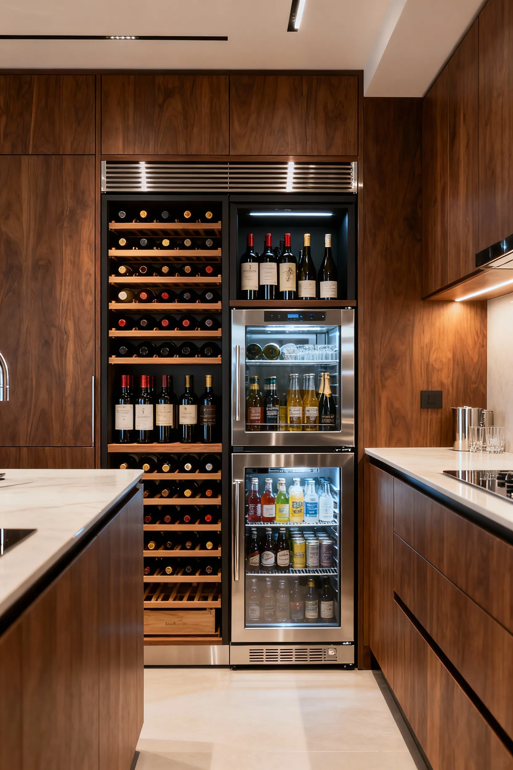 Professional photo of a sleek, integrated beverage center in a modern kitchen, featuring specialized wine racks and a refrigeration unit seamlessly built into custom cabinetry, organized for wine and other drinks, with soft lighting and no people.