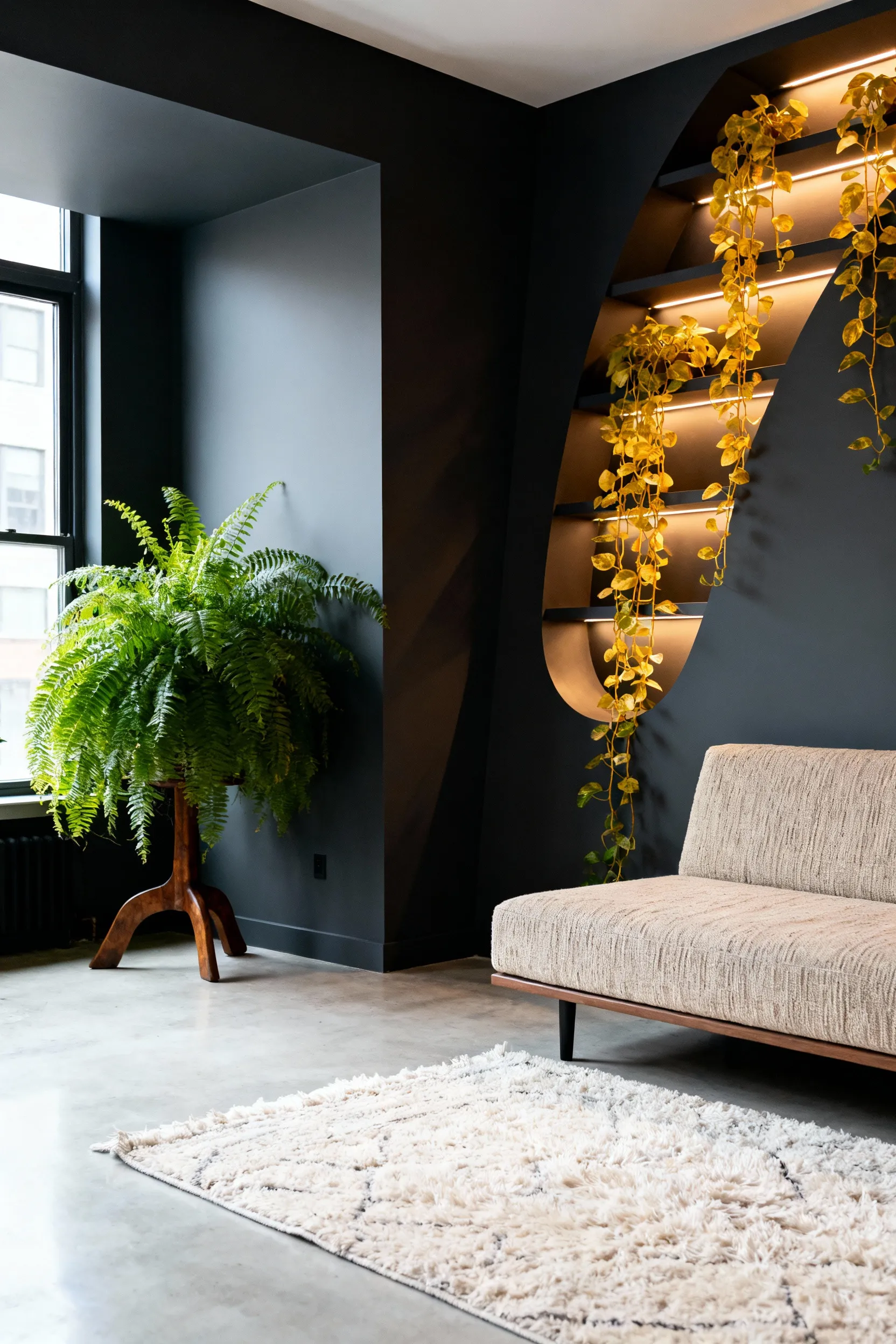 A wide shot of a cozy, modern apartment living room where lush ferns and long trailing pothos actively soften the rigid lines of the concrete and minimalist architecture.