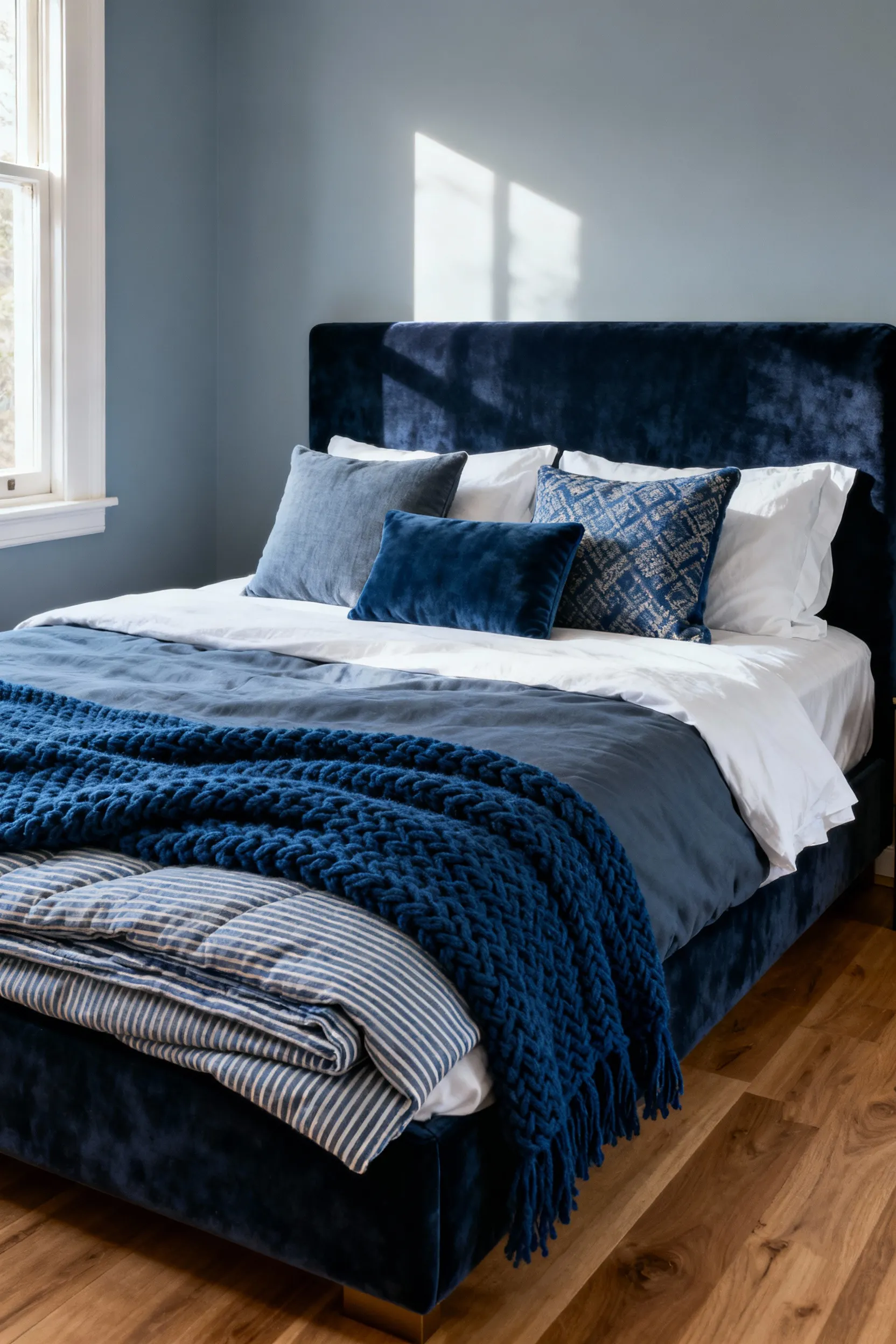 A sophisticated blue bedroom featuring a king bed with layered textiles in slate, indigo, and dusty blue, showcasing varying weights like linen, velvet, and chunky knit to achieve depth and a cohesive, curated look.