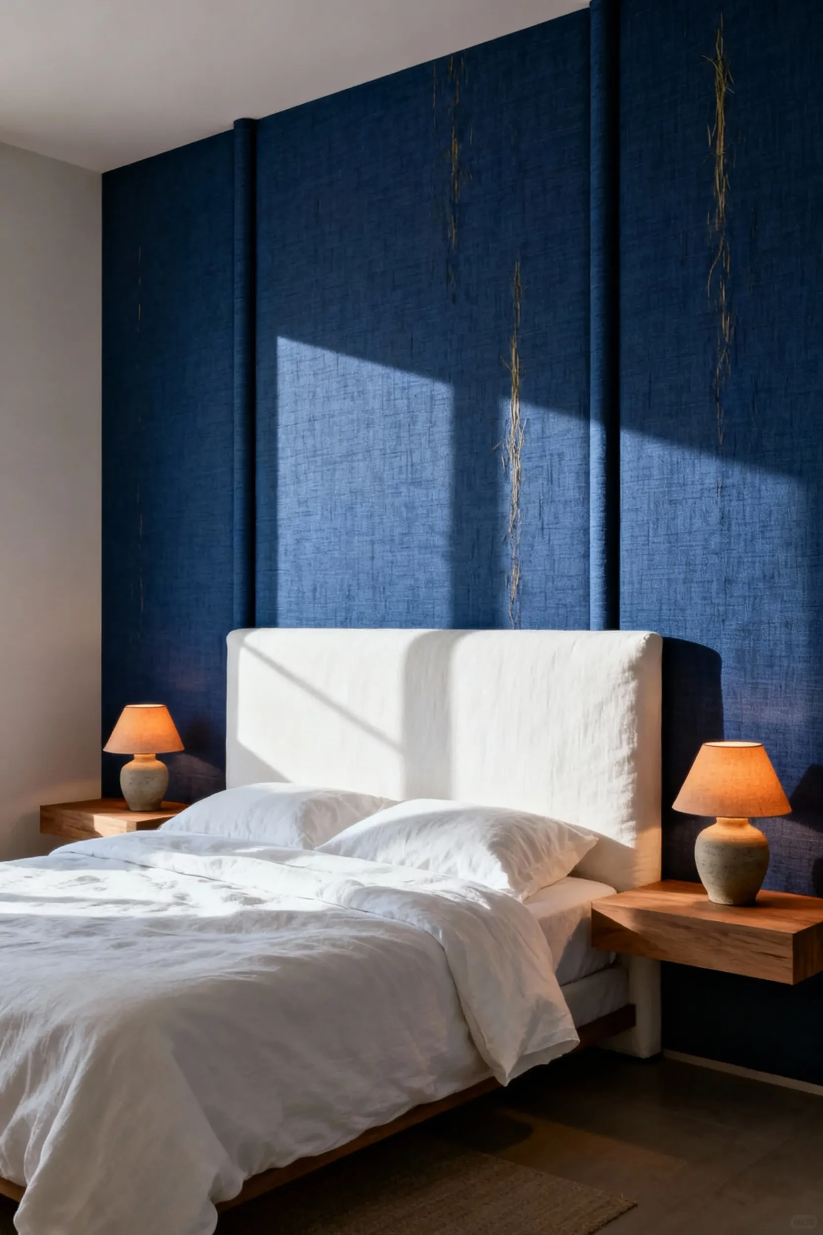 A serene bedroom featuring a tactile wall covered in deep indigo blue grasscloth wallpaper, highlighting its woven texture and paneling effect behind a white linen headboard.