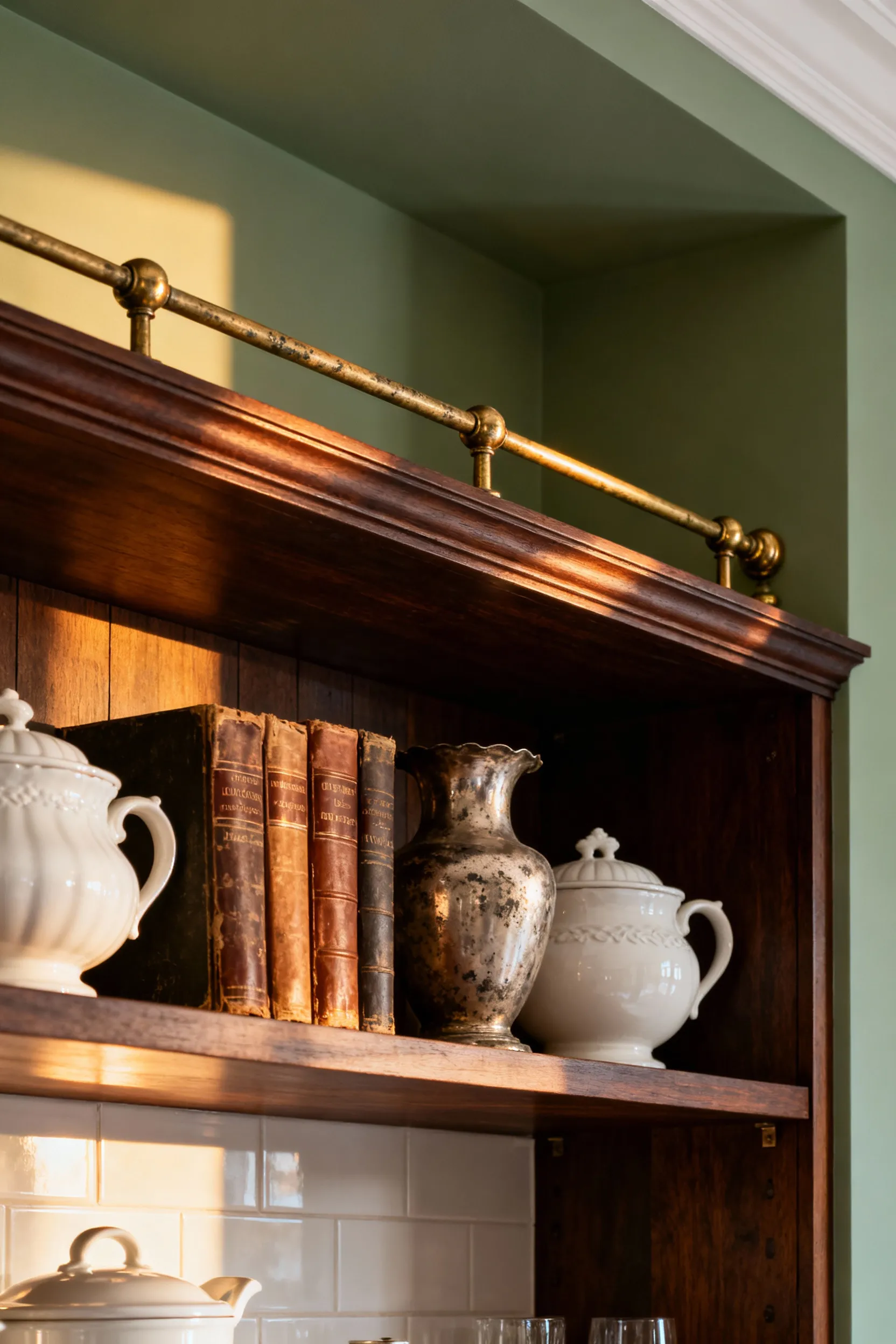 Elegant kitchen shelving featuring a decorative aged brass gallery rail displaying heirloom pottery and vintage books, illustrating refined wall decor ideas.