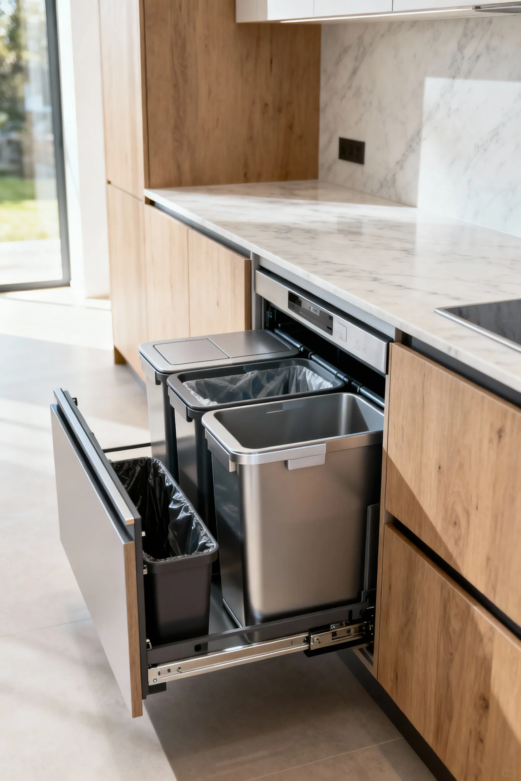 Image of a sleek kitchen with a cabinet open, revealing built-in, multi-stream waste and recycling bins for organized and hidden disposal.
