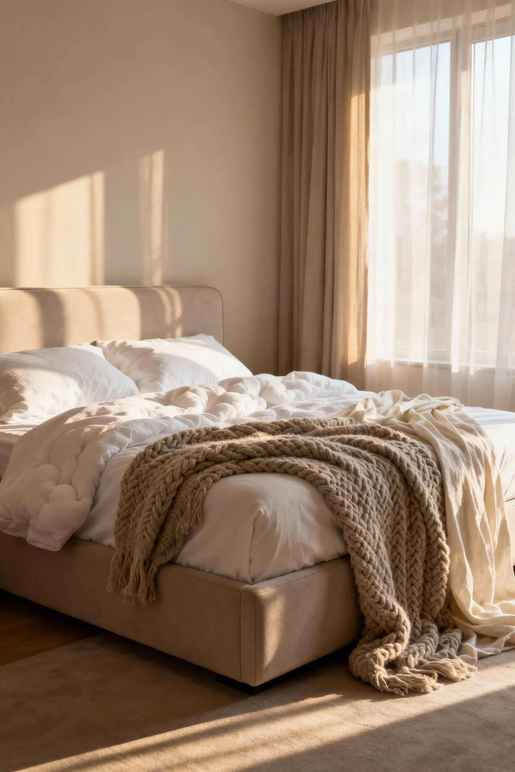 High-resolution photo of a luxurious, layered king-sized bed in a minimalist bedroom, illustrating how the foundation base layer contributes to the overall aesthetic softness and comfort of the bedroom style.