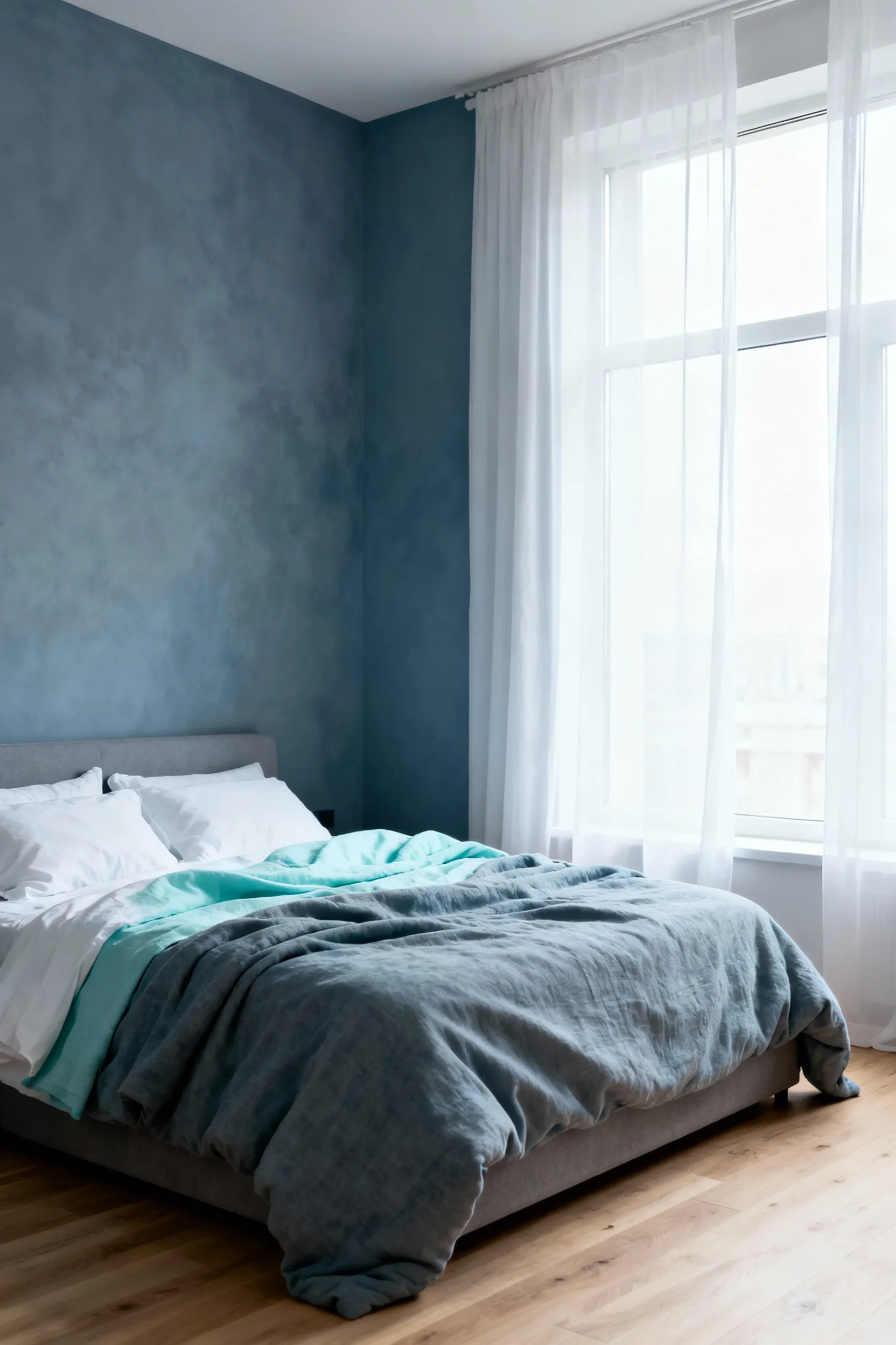 A serene bedroom featuring gray-blue walls and pale aqua linen bedding, designed to anchor the spirit and promote deep relaxation through cool, muted colors.