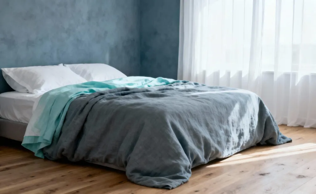 A serene bedroom featuring gray-blue walls and pale aqua linen bedding, designed to anchor the spirit and promote deep relaxation through cool, muted colors.
