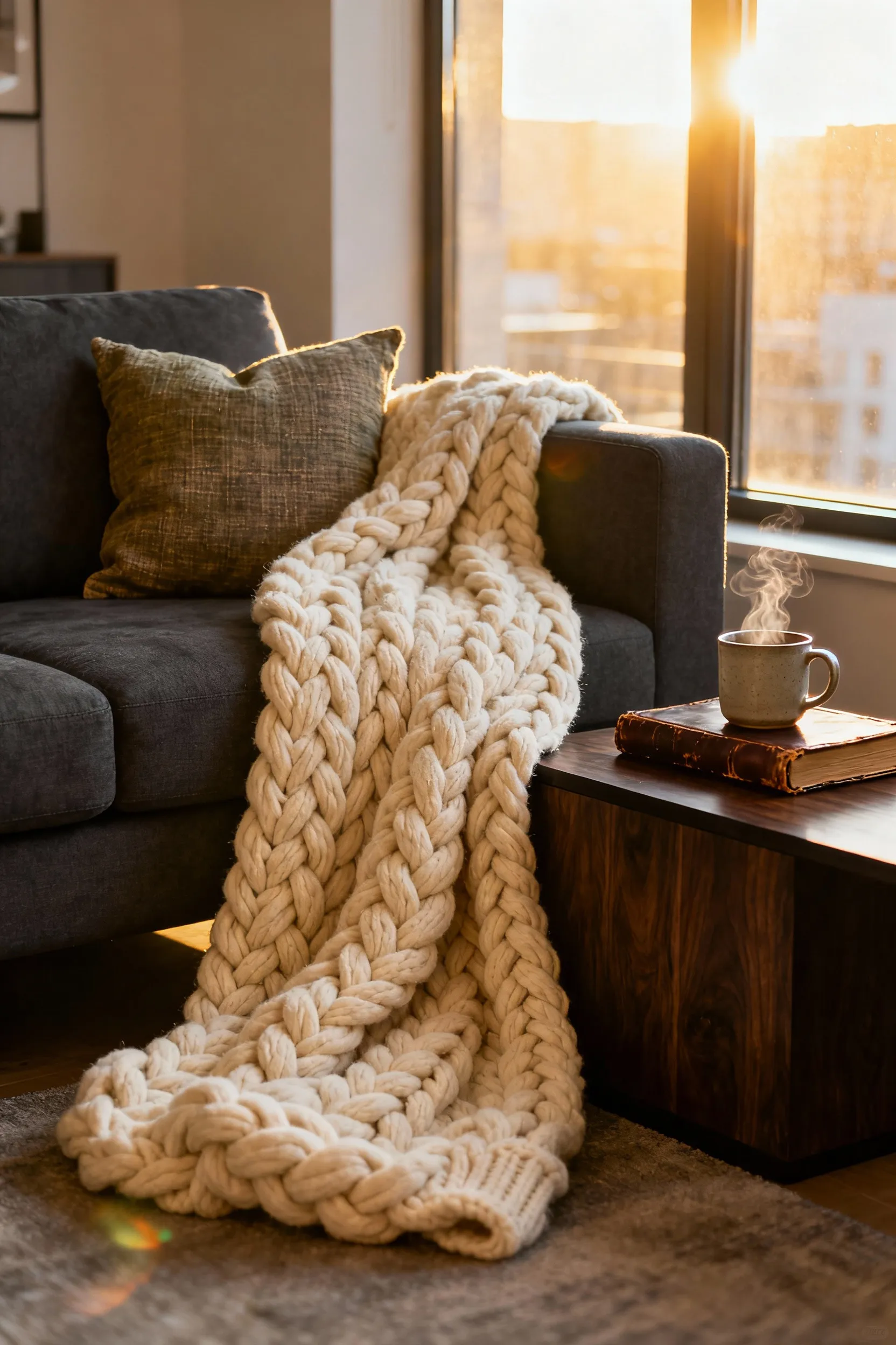 A cream chunky knit throw draped intentionally messy across the corner of a charcoal gray sofa in a sunny apartment living room, illustrating the 'Casual Drape' technique for maximum coziness.