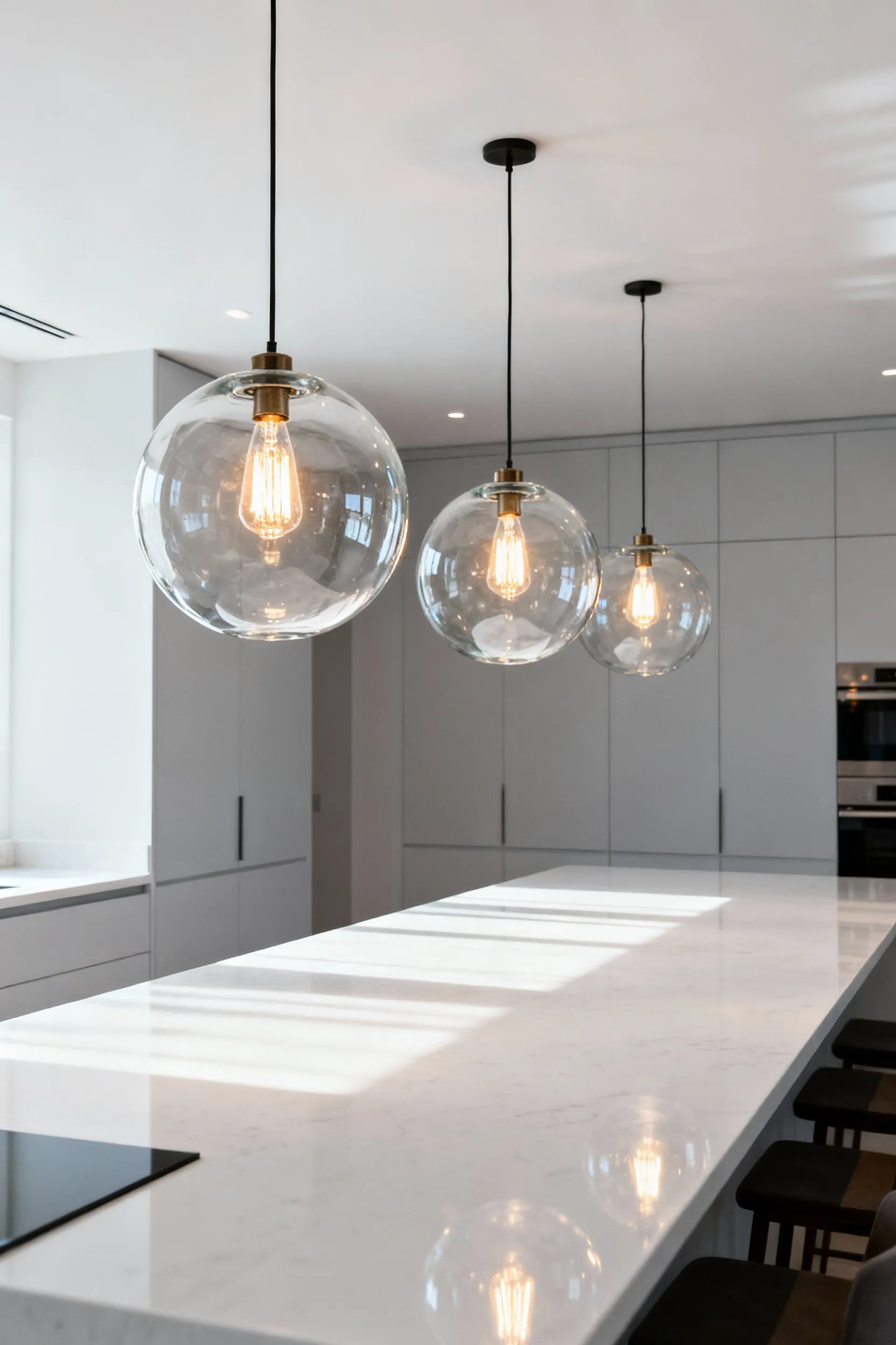 Three clear glass globe pendant lights suspended over a white quartz kitchen island, demonstrating maximum light dispersion and an airy ambient layer.