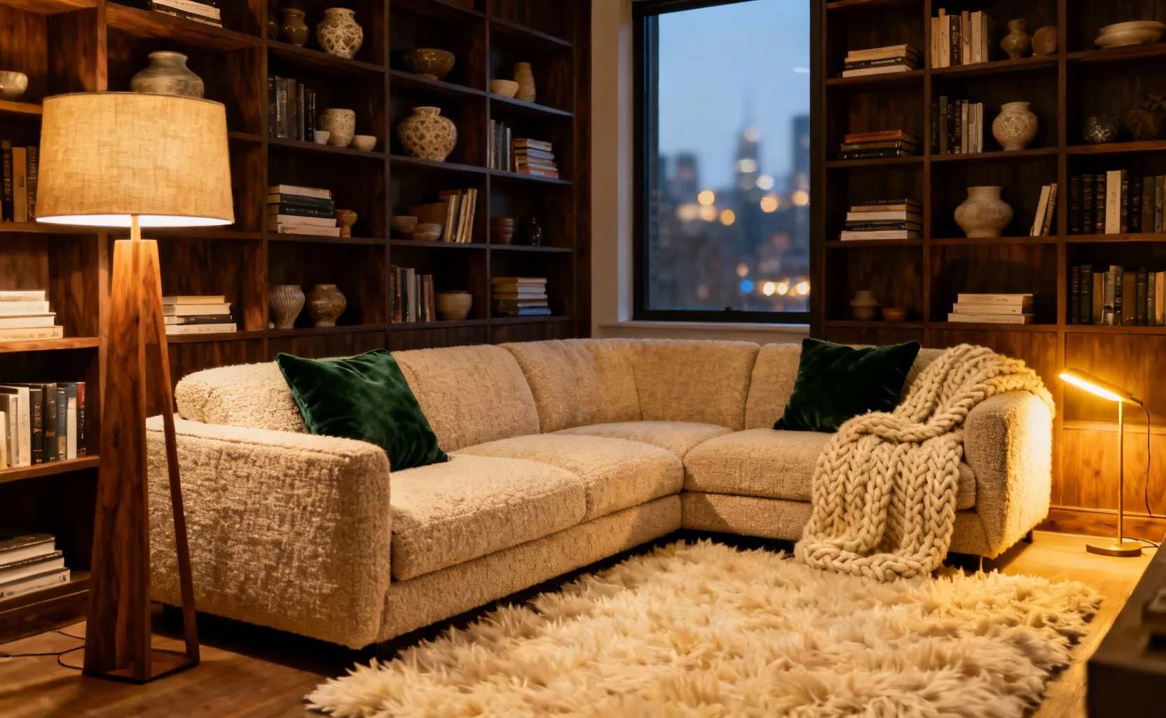 A warmly lit, enclosed urban living room featuring a large oatmeal boucle sectional and dark built-in shelving, illustrating psychological security and sanctuary within an apartment.