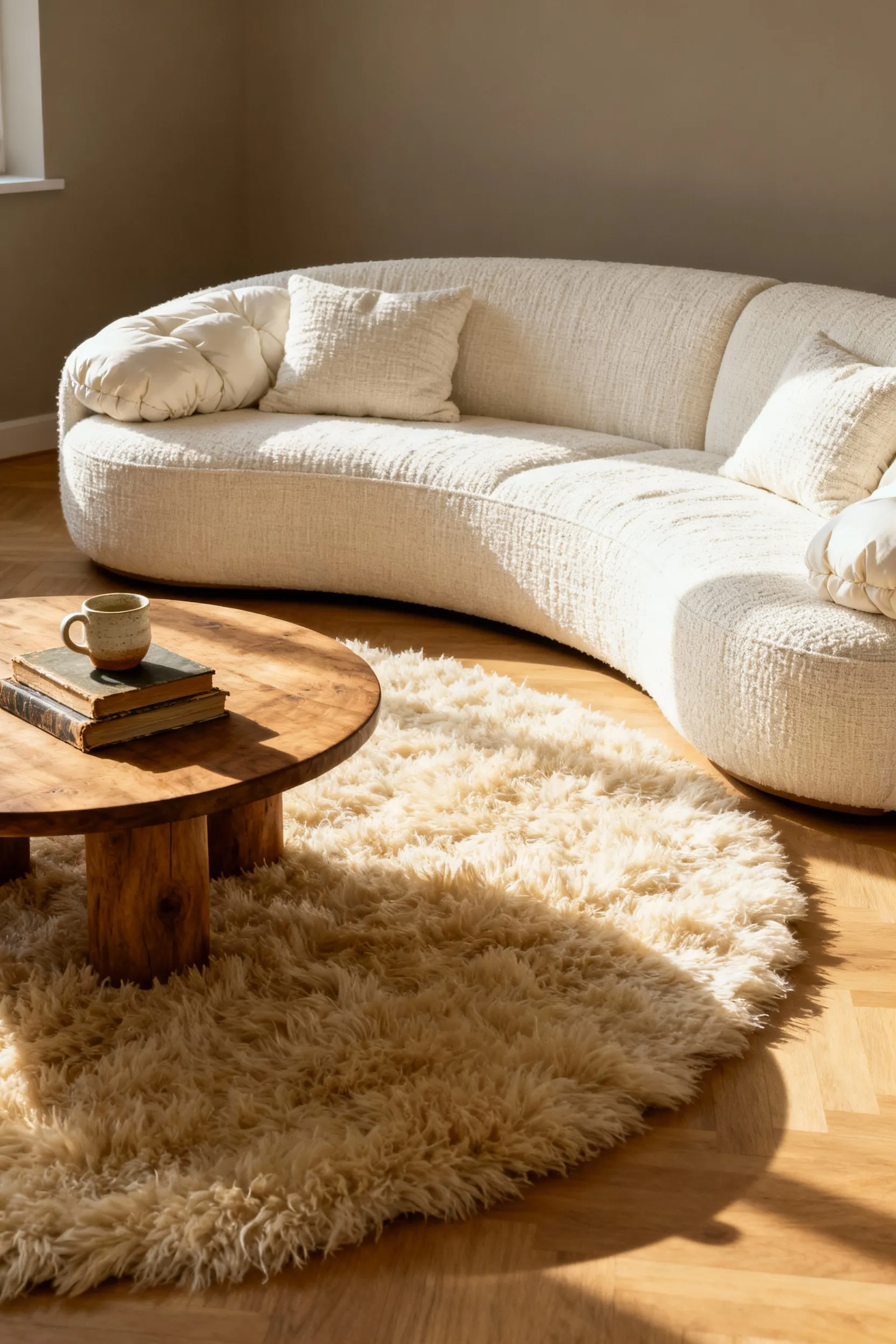 A photograph of a cozy apartment living room featuring a massive, deep-seated creamy white linen boucle sectional sofa with down-wrapped cushions designed for full-body lounging and nesting.