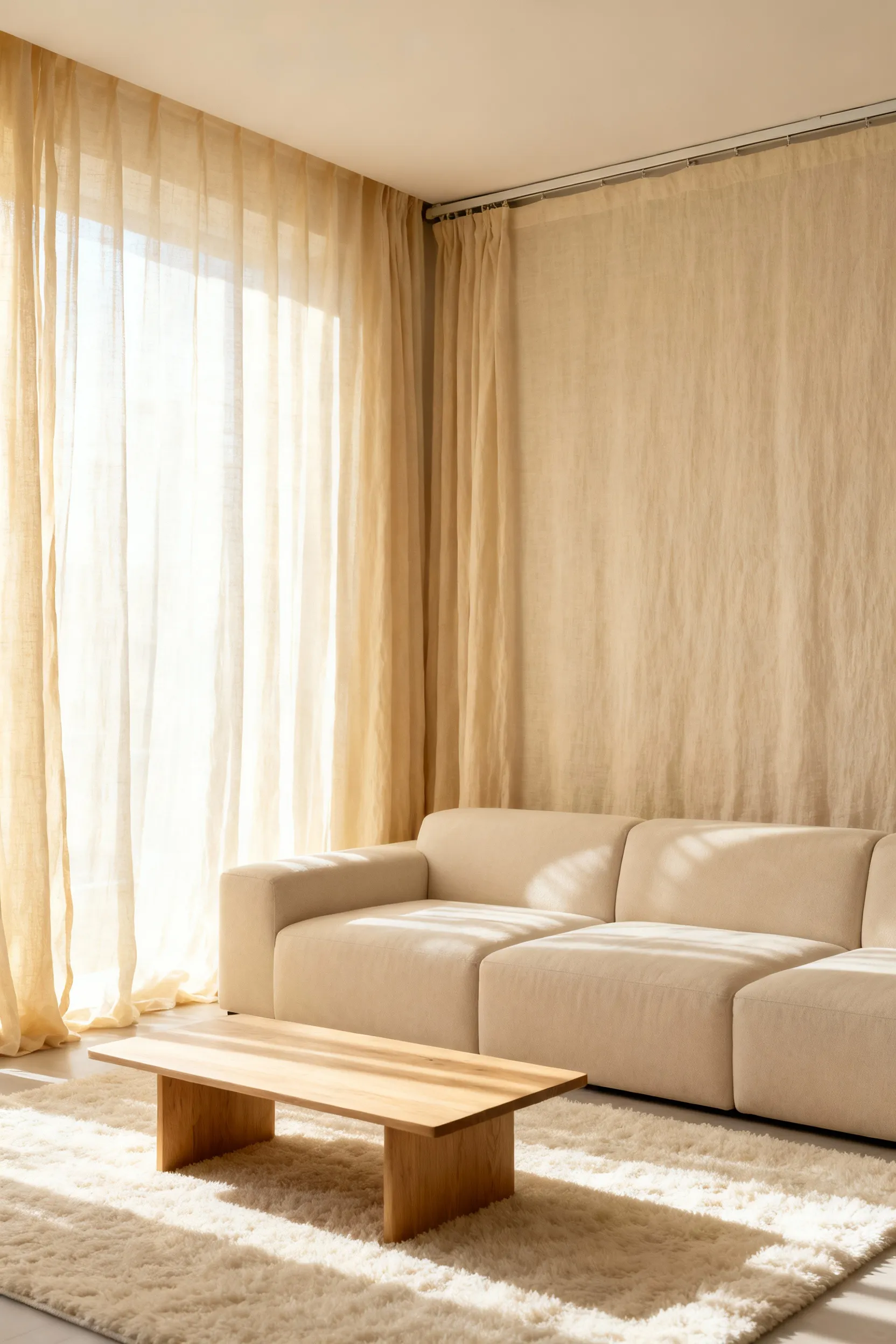 A cozy apartment living room featuring floor-to-ceiling, wall-to-wall sheer linen drapery that diffuses light and softens the sharp architectural corners of the modern space.