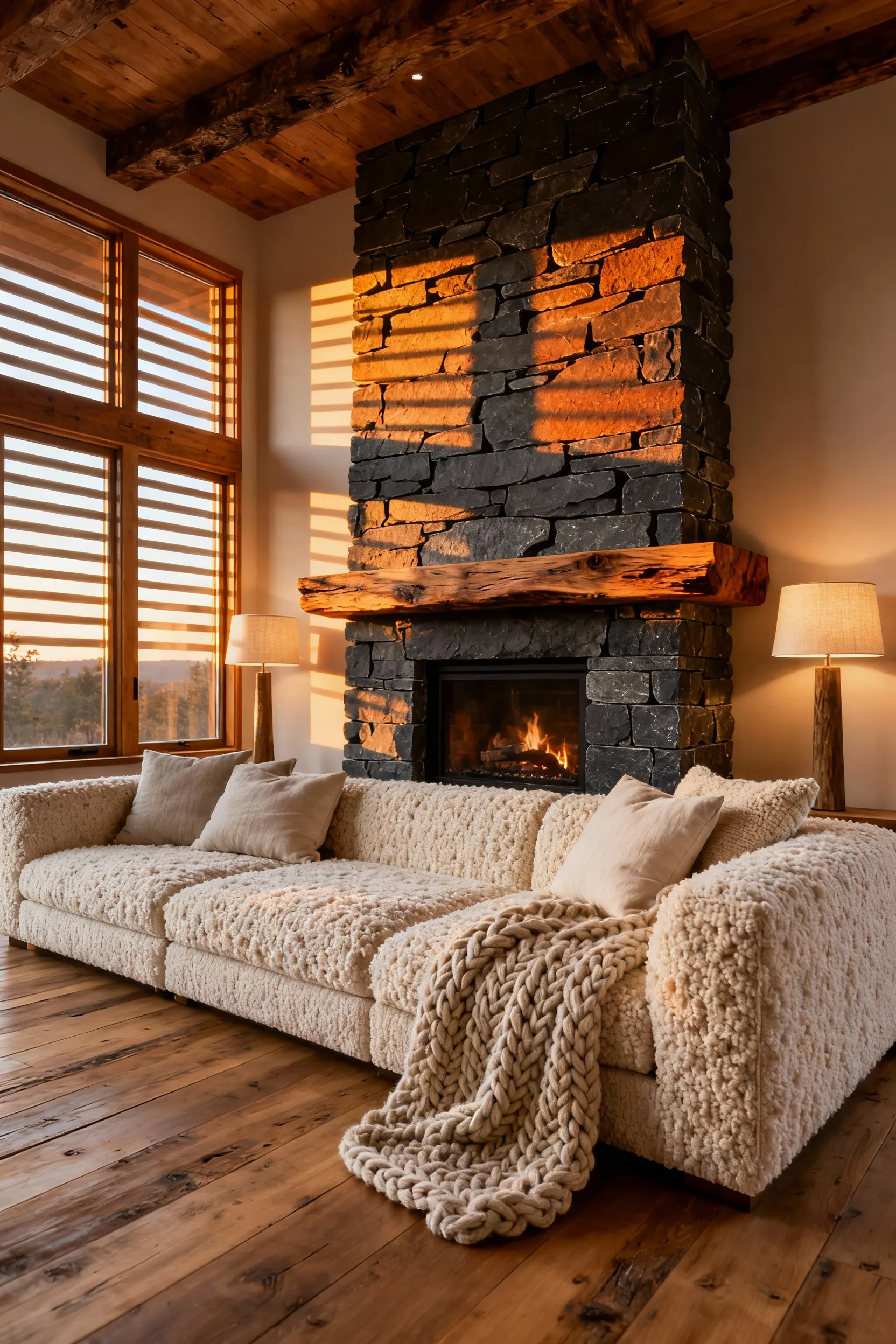 A cozy living room featuring a massive unpolished slate fireplace and thick raw wood mantle, demonstrating biophilic design principles through natural materials and warm, diffused lighting.