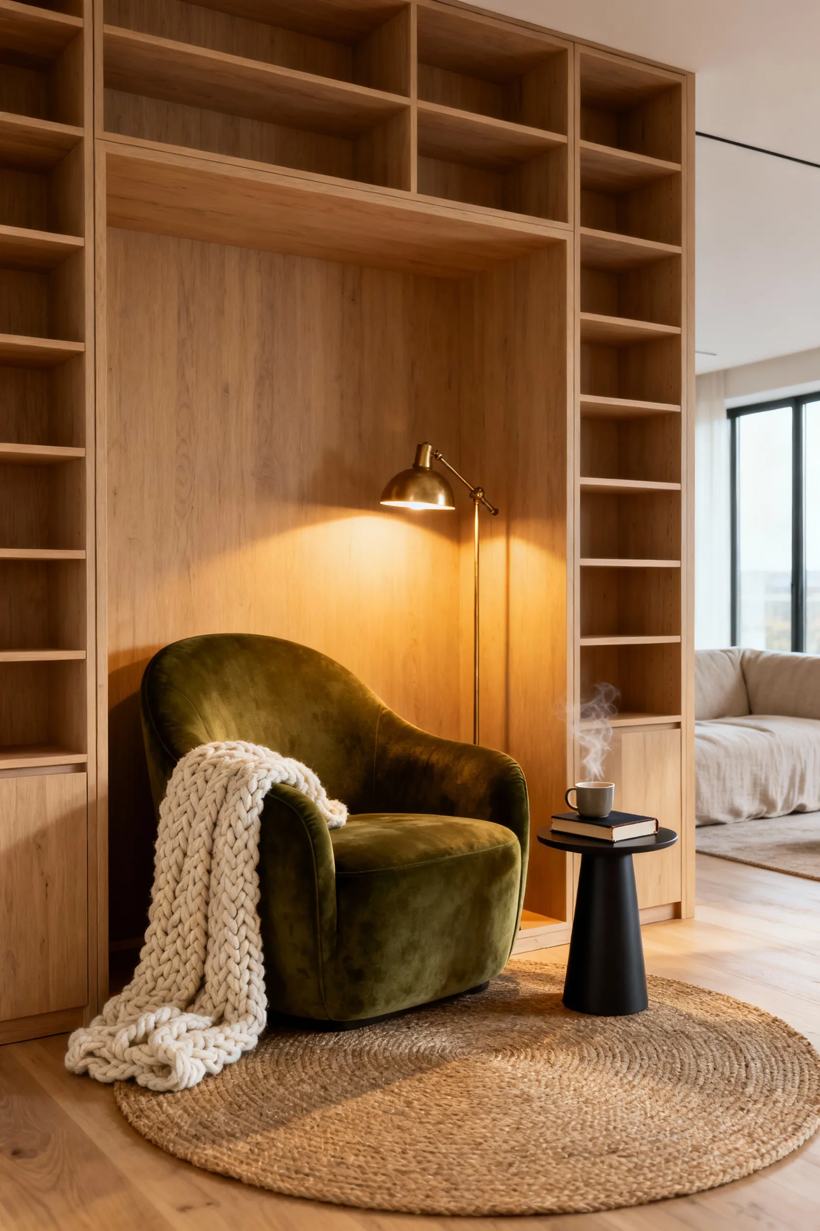 A highly comfortable moss-green velvet reading nook carved into a modern living room featuring built-in bookshelves and warm, golden hour lighting.
