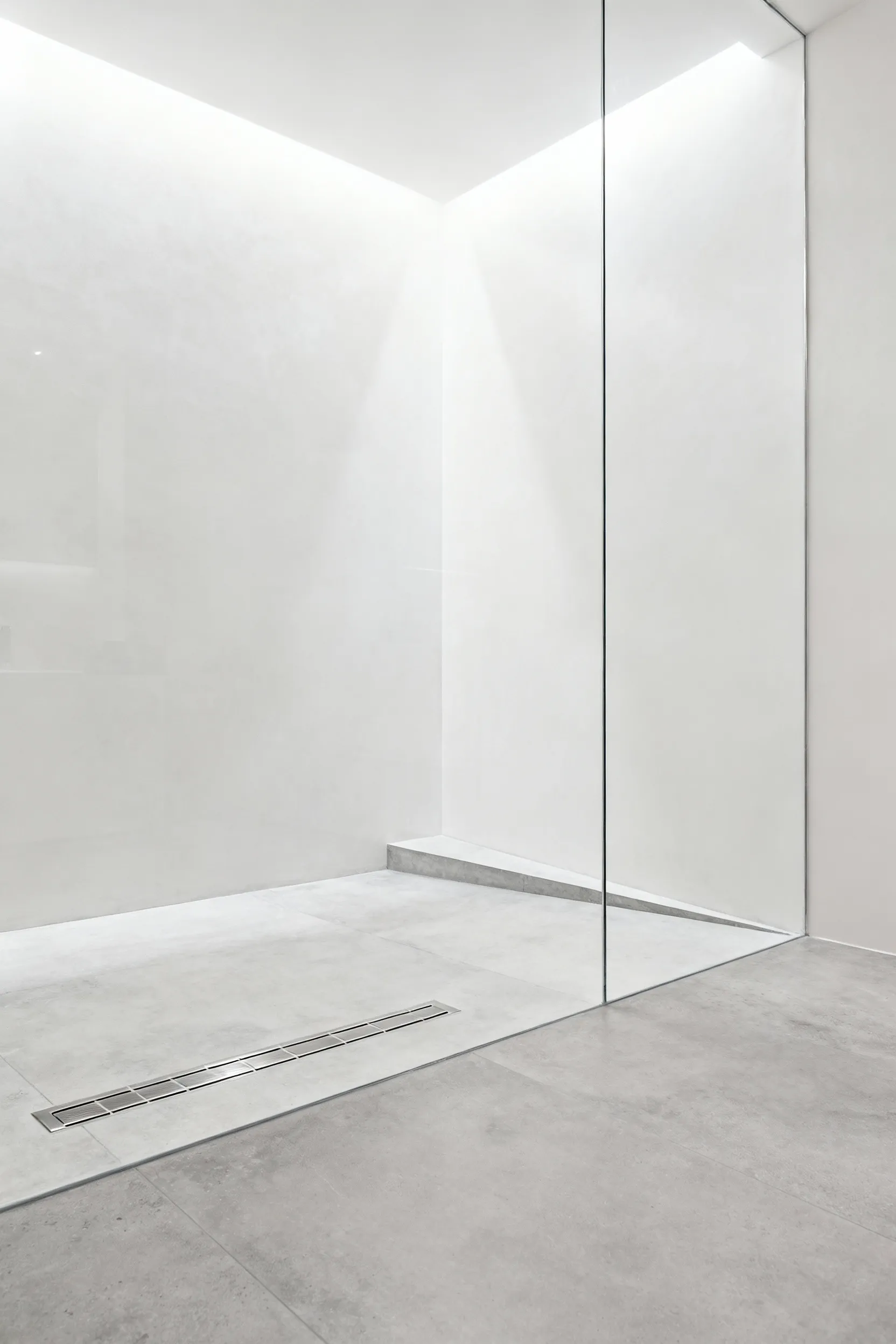 A wide architectural photo of a modern curbless walk-in shower featuring large-format gray porcelain floor slabs that extend seamlessly across the entire bathroom floor and into the shower base, highlighting the barrier-free design enabled by a linear drain.