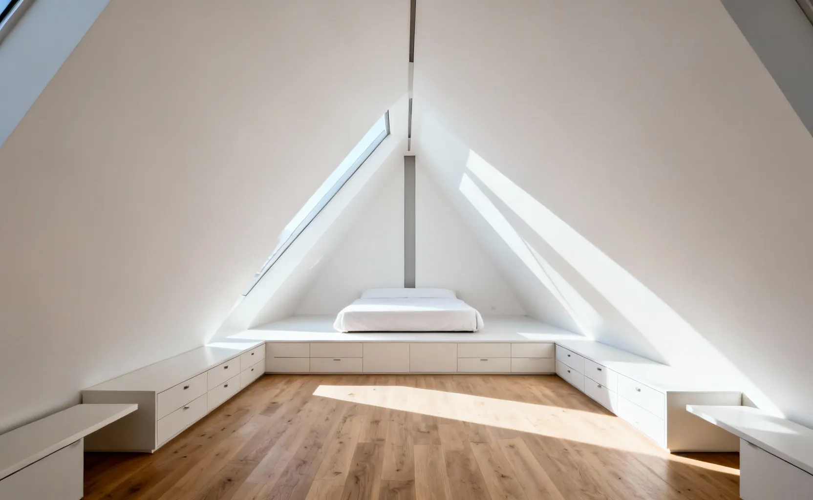 A modern attic bedroom conversion demonstrating a narrow central livability strip due to steeply angled walls and the high ceiling height requirement, featuring a central bed and low custom built-ins.