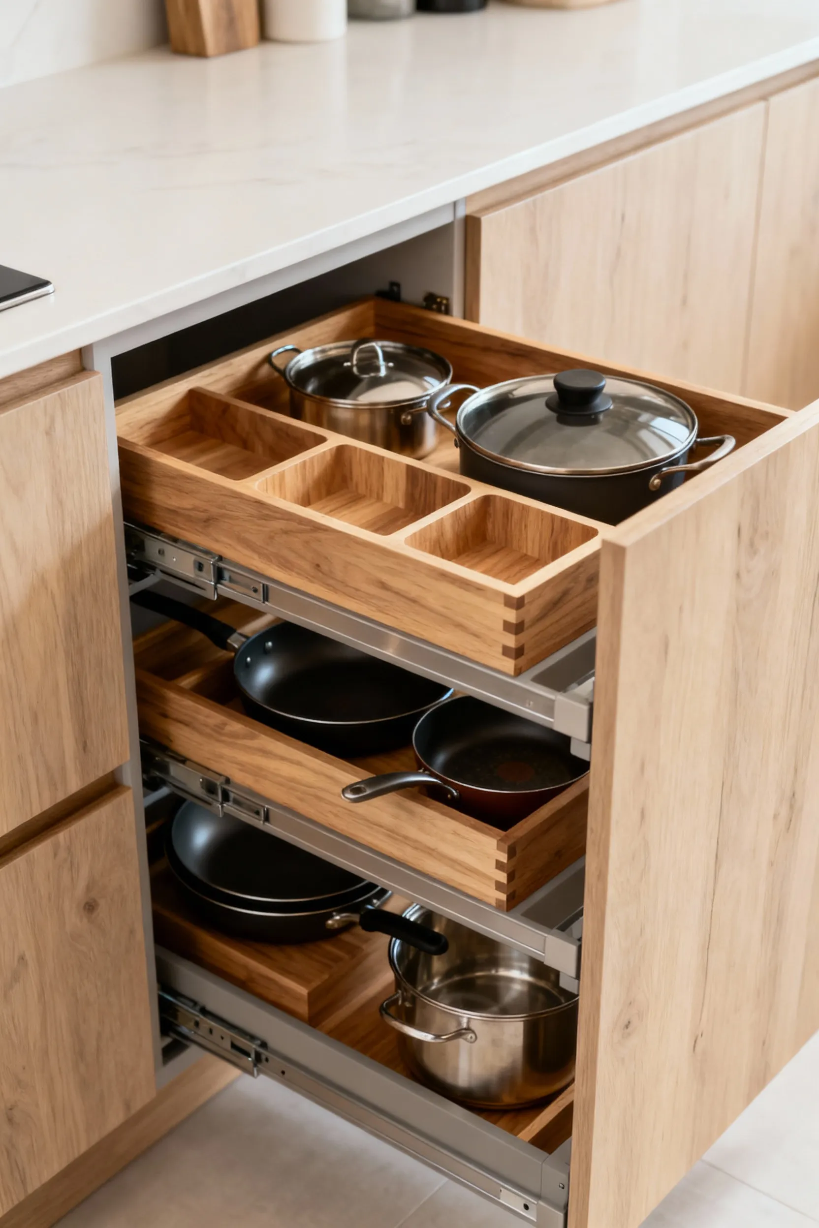 Close-up of a modern kitchen cabinet with custom-designed wood and acrylic inserts for spices, plates, and pantry items, showcasing bespoke organization solutions.