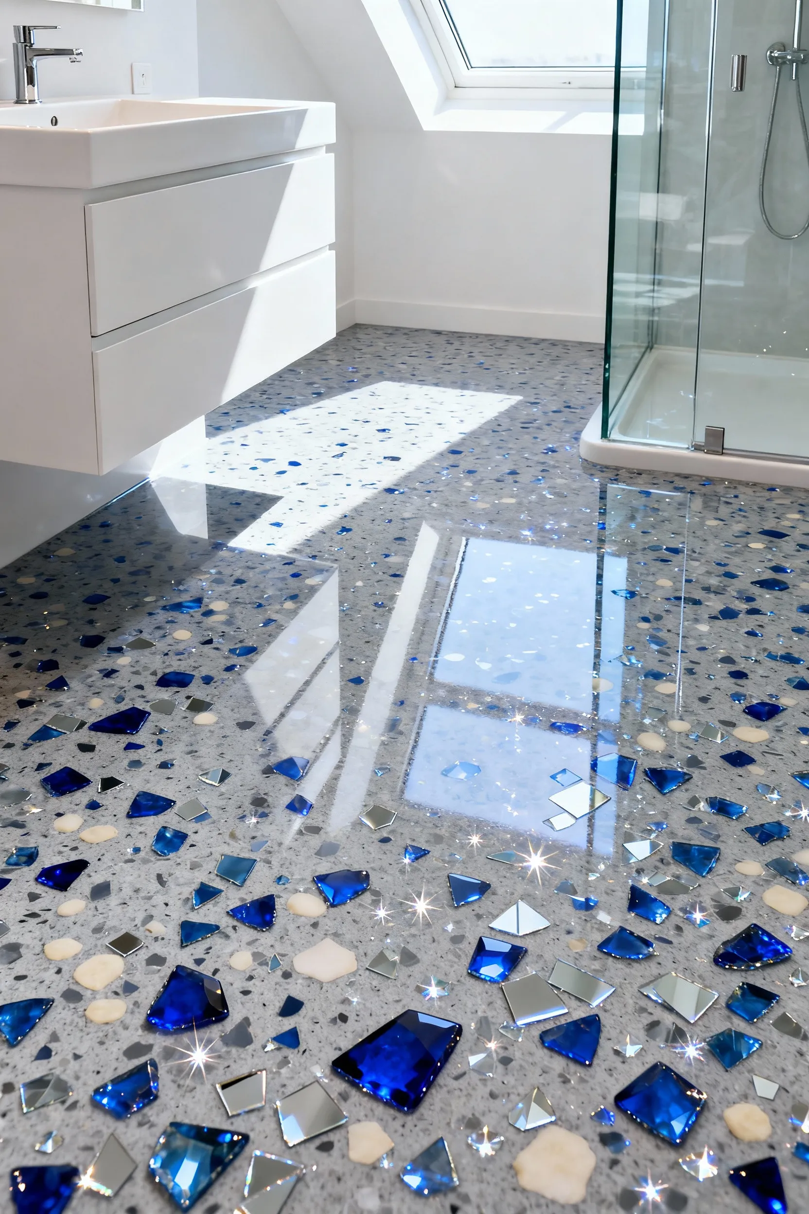 Modern bathroom featuring light grey epoxy terrazzo flooring embedded with vibrant cobalt blue glass and reflective recycled mirror chips, capturing a shimmering effect.
