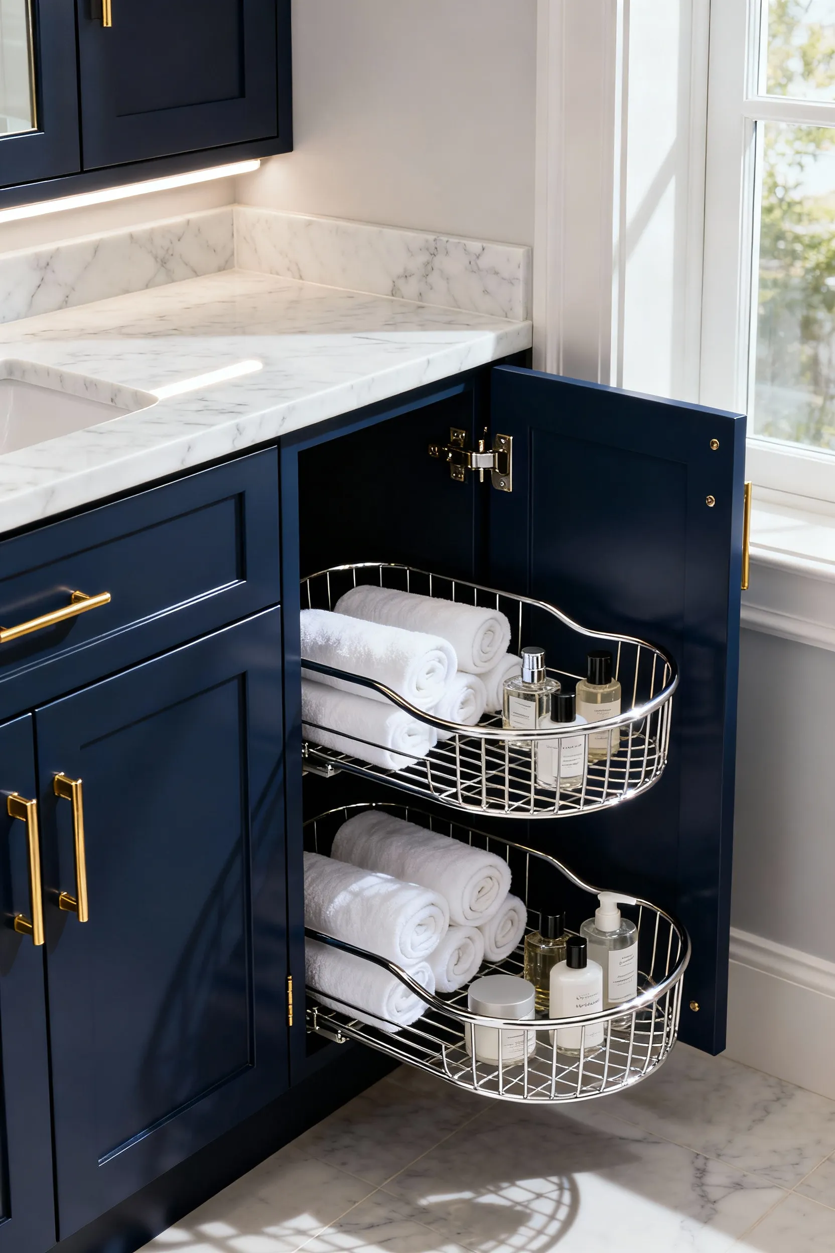 A small navy blue bathroom vanity with white marble top showing a custom two-tier chrome kidney pull-out shelf system fully extended from the corner cabinet.