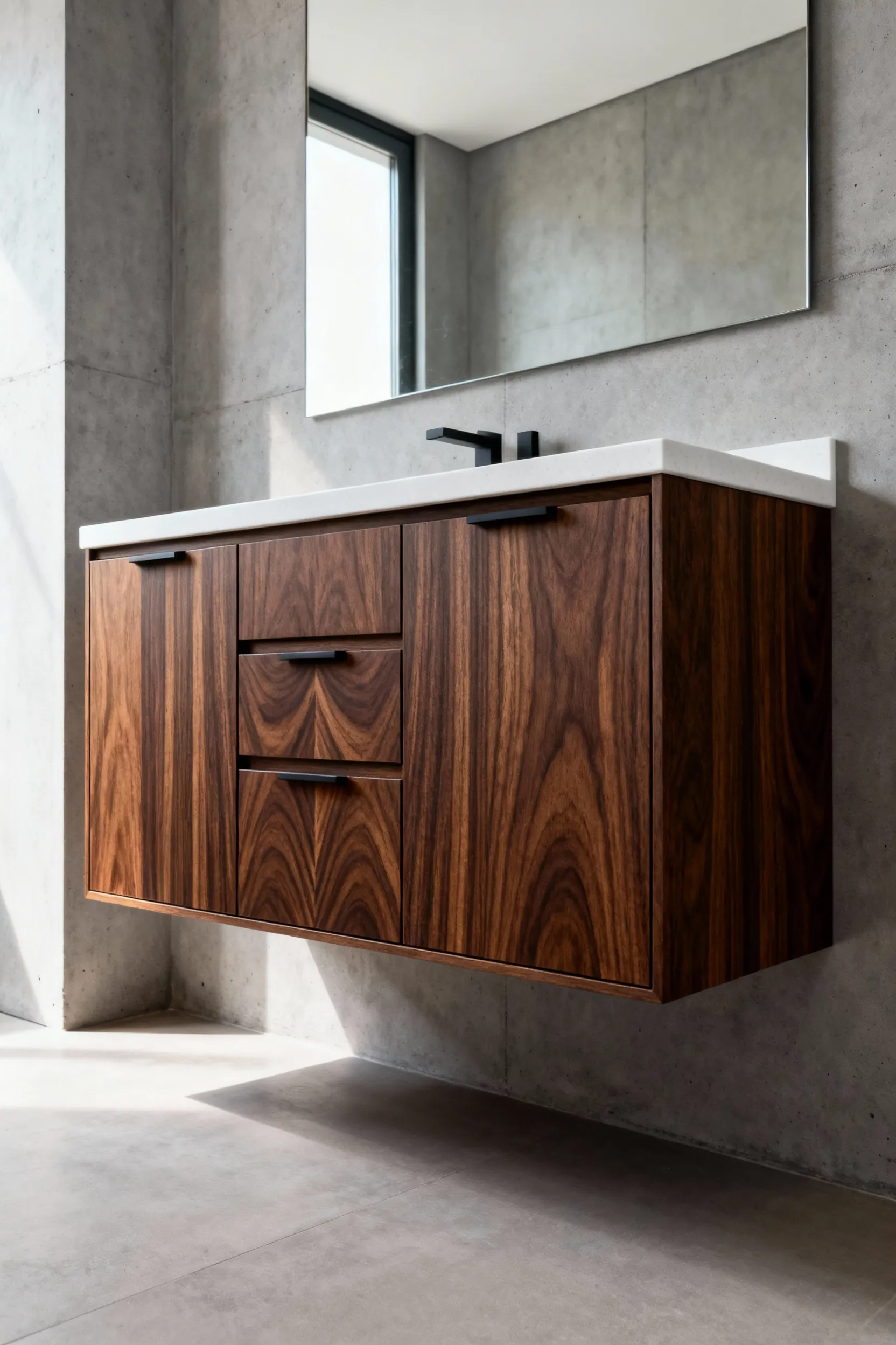 Custom walnut wood veneer bathroom vanity featuring seamless vertical grain matching and bookmatching across multiple drawer fronts, creating a continuous, monolithic wood appearance.